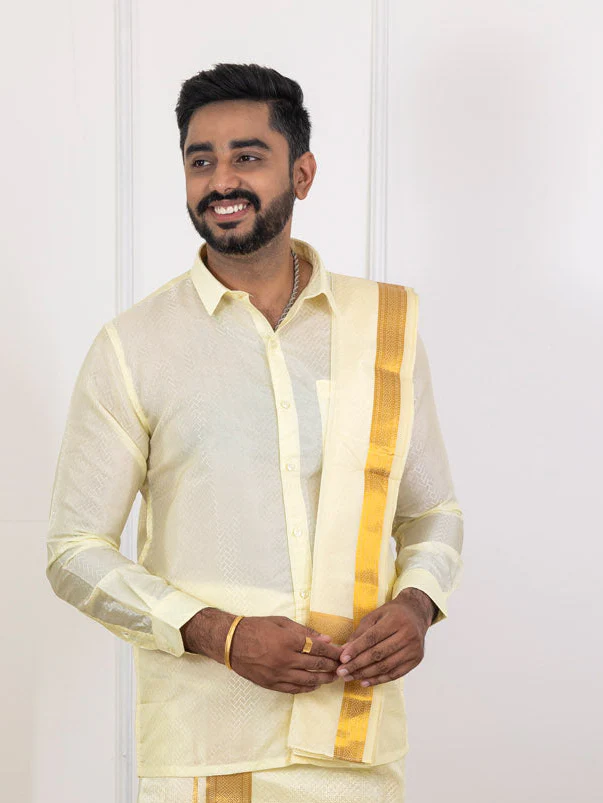 Men Art Silk Jacquard Shirt Dhoti & Towel Set Butter Scotch Swayamvara Grand BSJD1 - Image 2