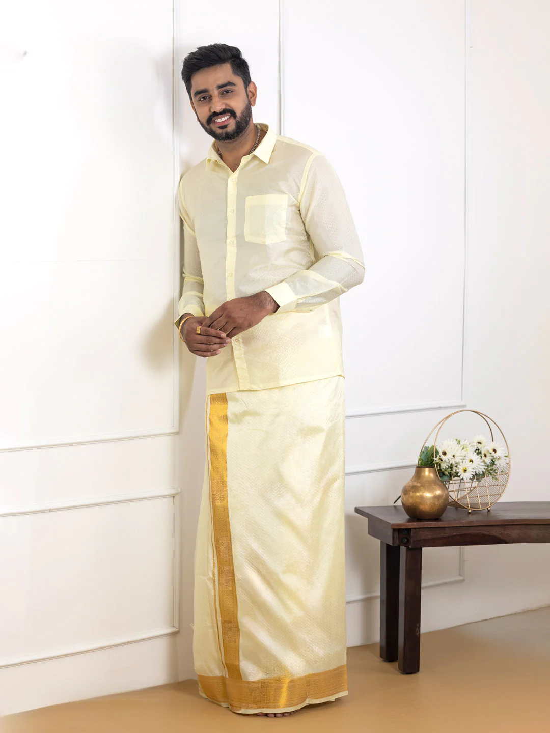 Men Art Silk Jacquard Shirt Dhoti & Towel Set Butter Scotch Swayamvara Grand BSJD1 - Image 3