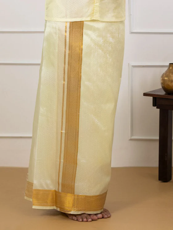 Men Art Silk Jacquard Shirt Dhoti & Towel Set Butter Scotch Swayamvara Grand BSJD1 - Image 4