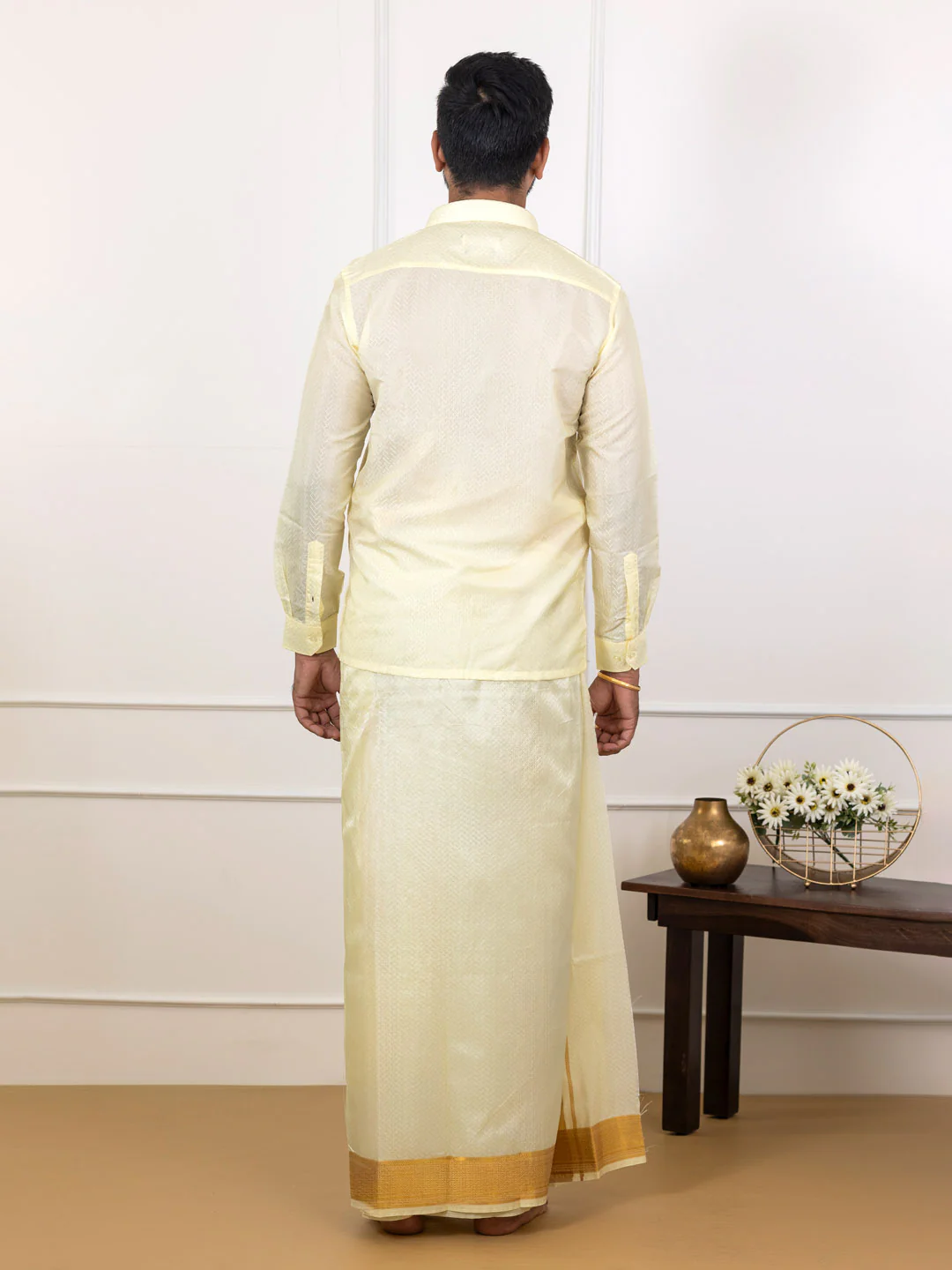 Men Art Silk Jacquard Shirt Dhoti & Towel Set Butter Scotch Swayamvara Grand BSJD1 - Image 5