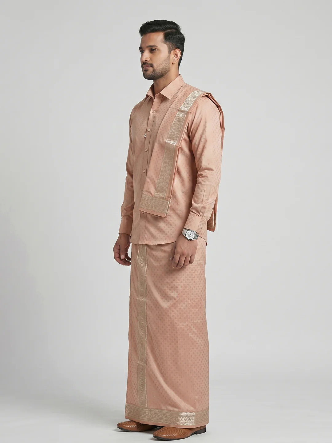 Men Art Silk Jacquard Design Shirt Dhoti & Towel Set Copper Tone Swayamvara Grand CTJD1 - Image 2