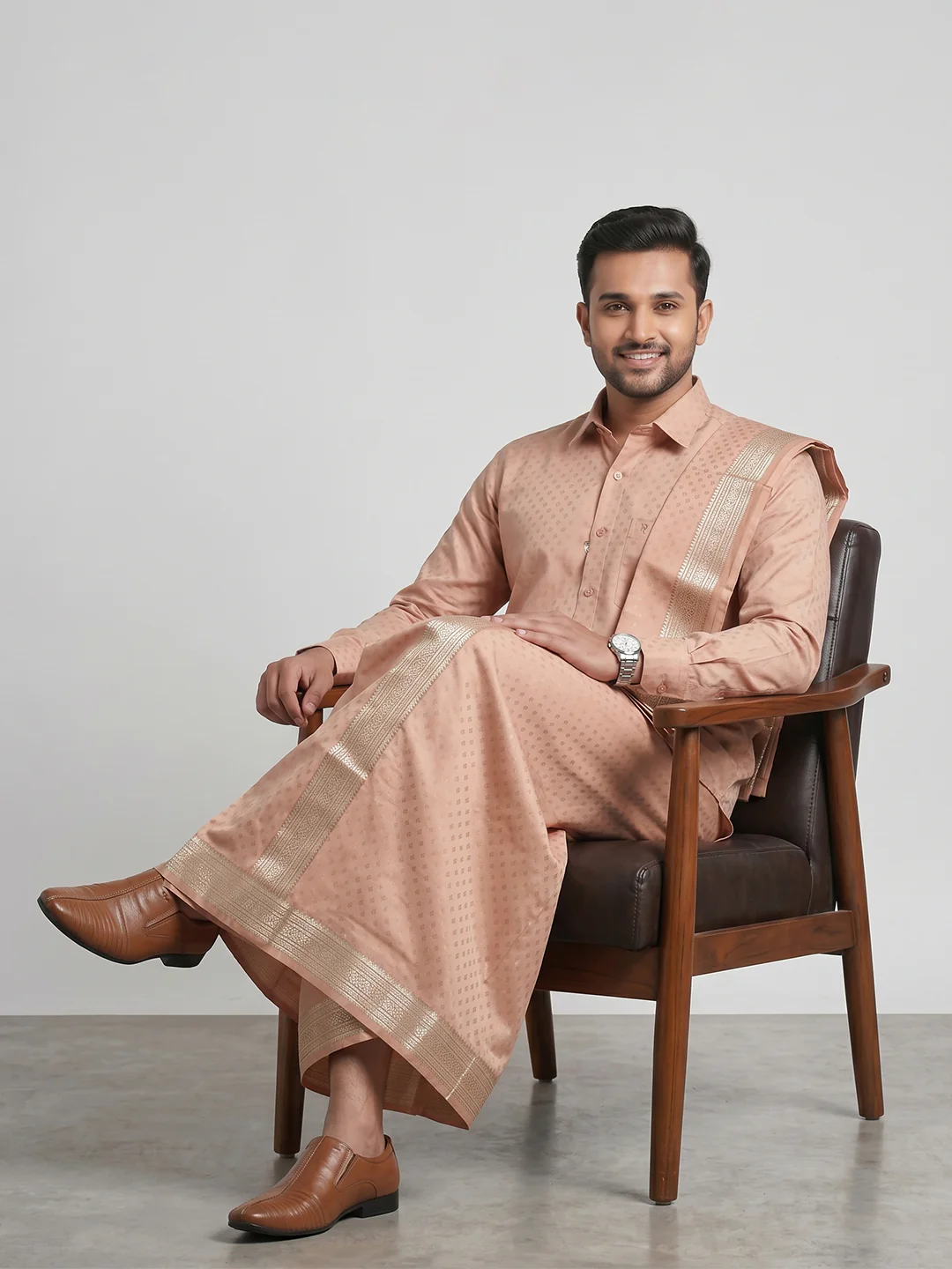 Men Art Silk Jacquard Design Shirt Dhoti & Towel Set Copper Tone Swayamvara Grand CTJD1 - Image 5