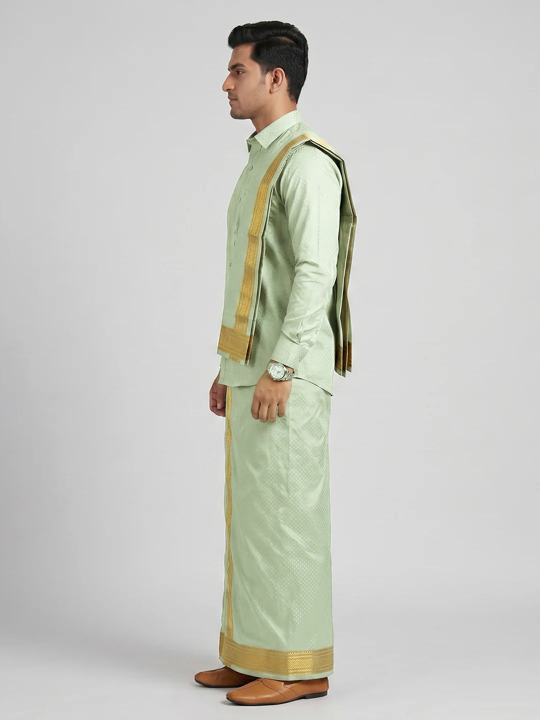 Men Art Silk Jacquard Shirt Dhoti & Towel Set Marine Green Swayamvara Grand MGJD1 - Image 2