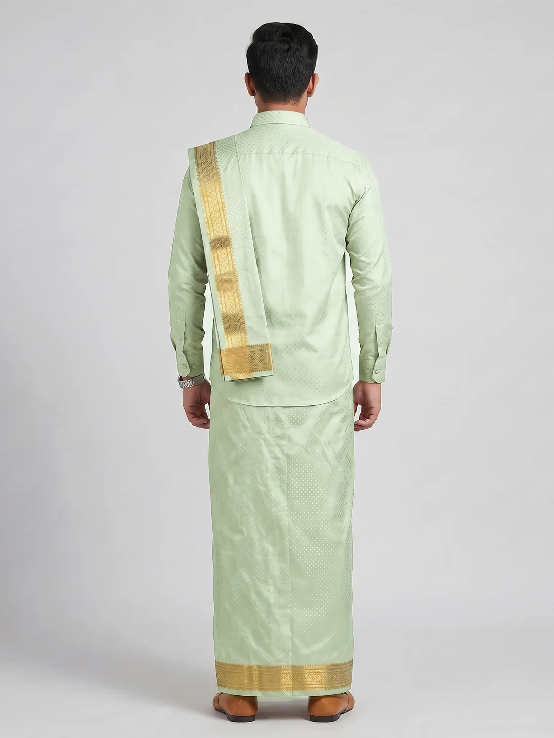 Men Art Silk Jacquard Shirt Dhoti & Towel Set Marine Green Swayamvara Grand MGJD1 - Image 3