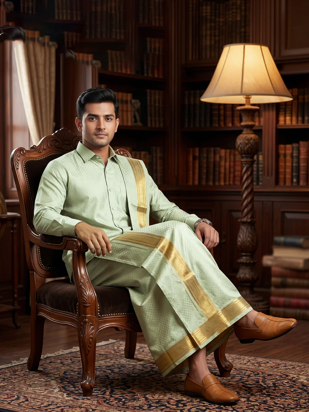 Men Art Silk Jacquard Shirt Dhoti & Towel Set Marine Green Swayamvara Grand MGJD1 - Image 6