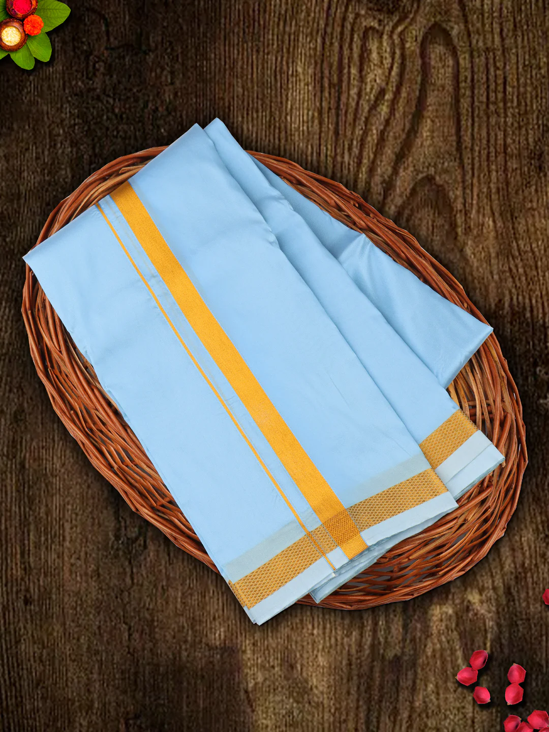 Men Art Silk Jari Dhoti & Shirting Set Blue Ashirwath (2 in 1) - Image 5