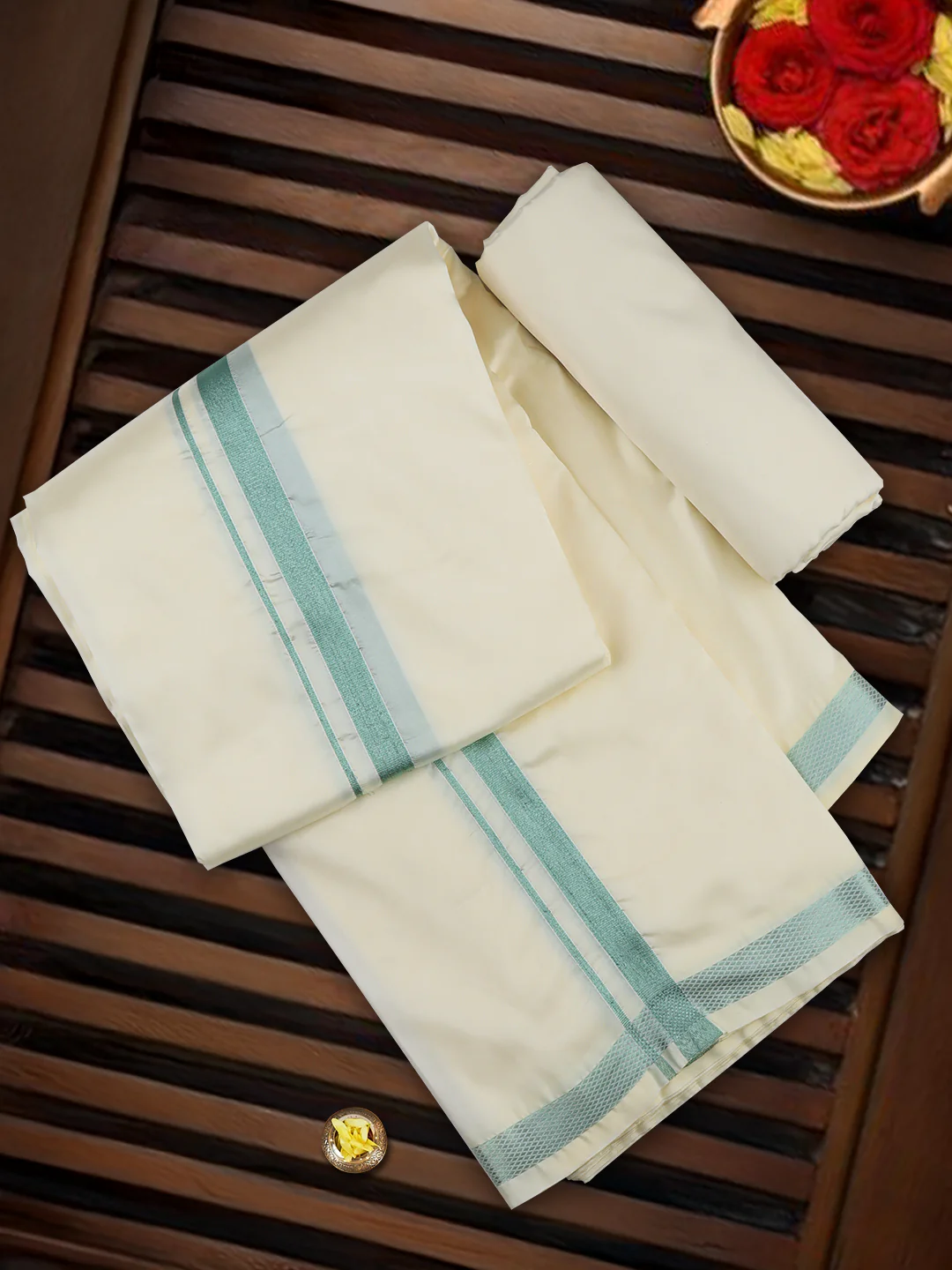 Men Art Silk Jari Dhoti & Shirting Set Moss Green Shubha Hora (3*1) - Image 5