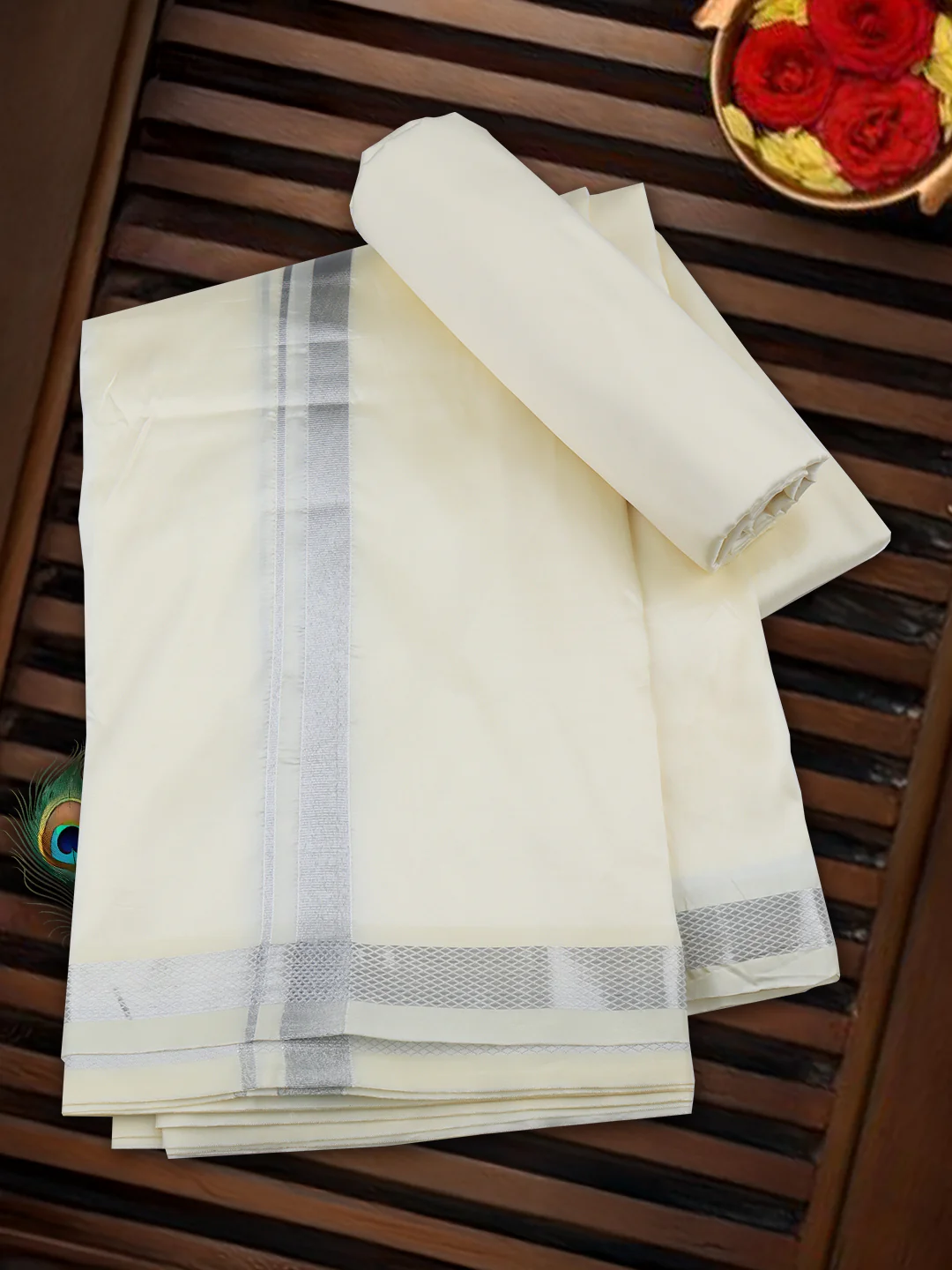 Men Art Silk Jari Dhoti & Shirting Set Silver Shubha Hora (3*1) - Image 5