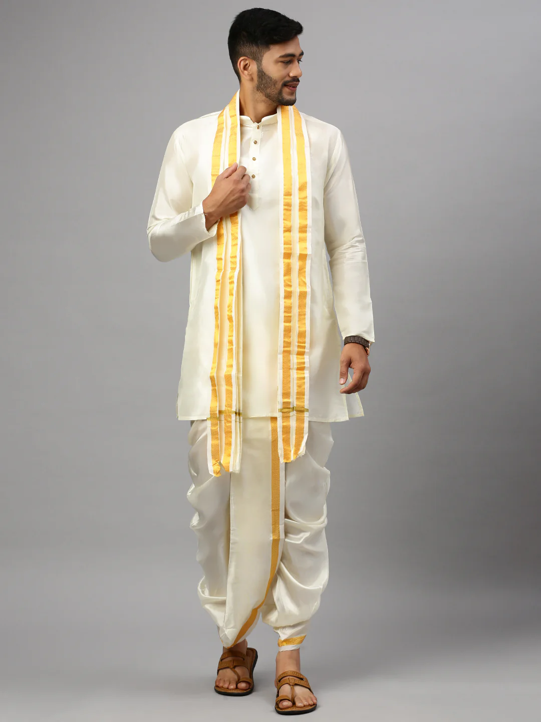 Men Art Silk Kurta with Readymade Panchakacham Cream Thirumangalya - Image 2