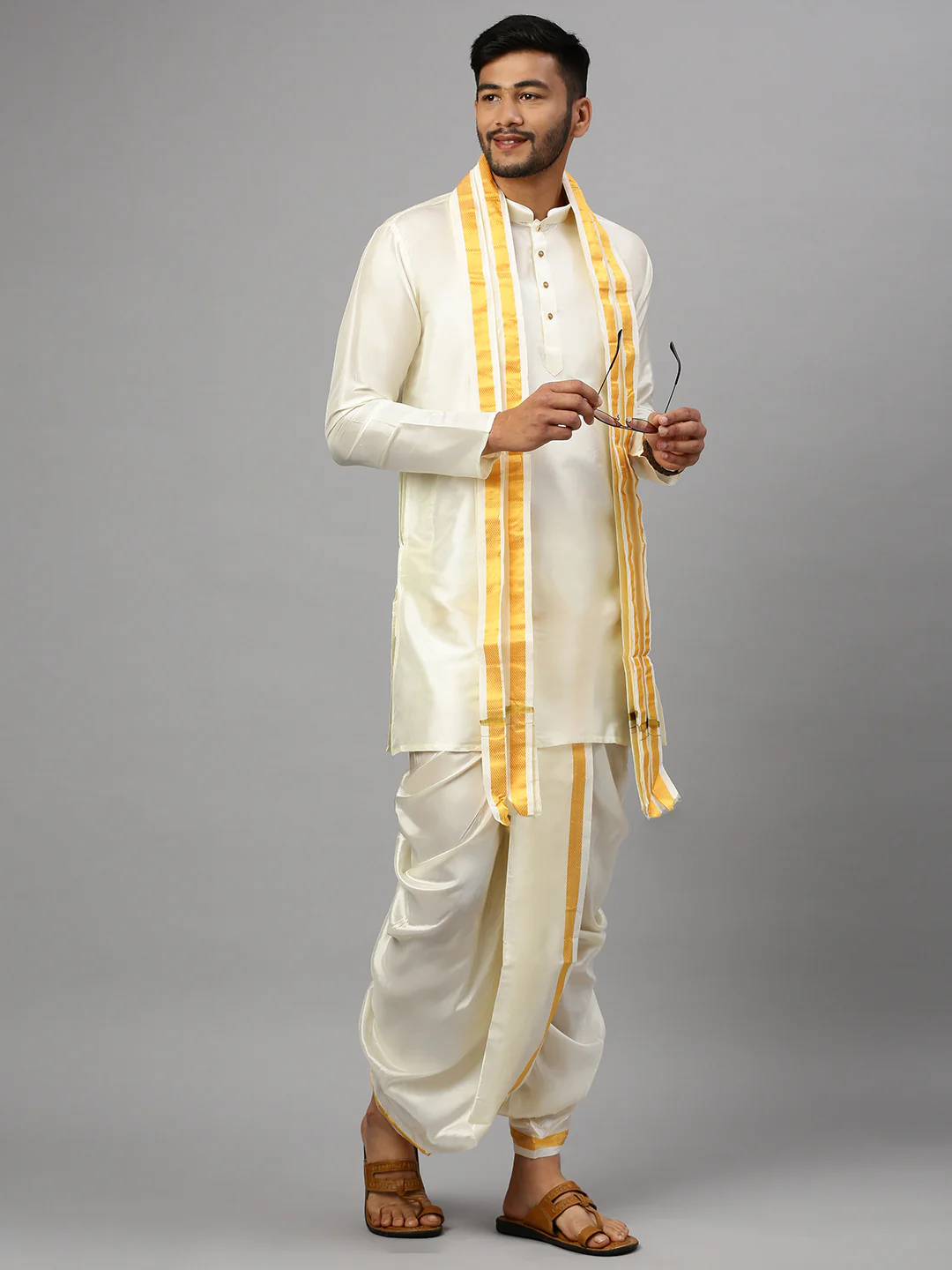 Men Art Silk Kurta with Readymade Panchakacham Cream Thirumangalya - Image 4