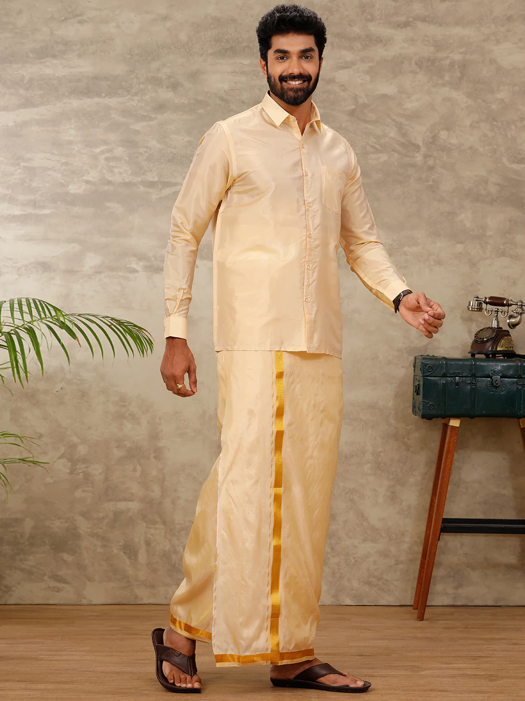 Men Art Silk Peach Shirt Dhoti & Towel Set Swayamvara - Image 2