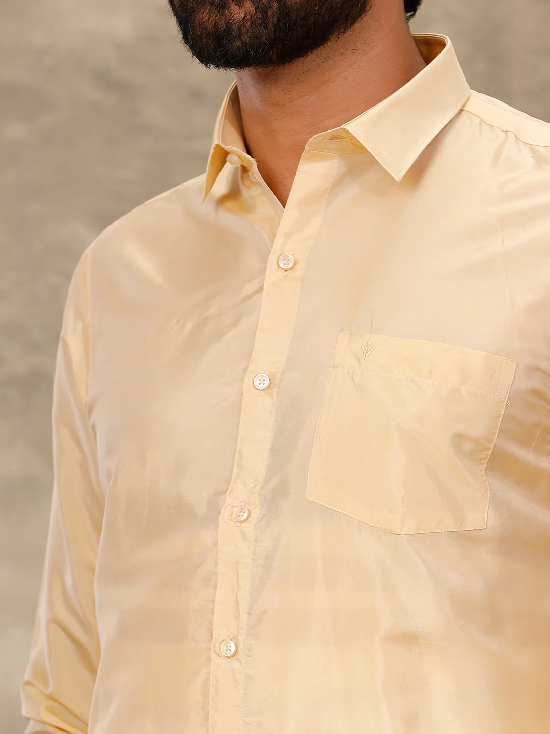 Men Art Silk Peach Shirt Dhoti & Towel Set Swayamvara - Image 3