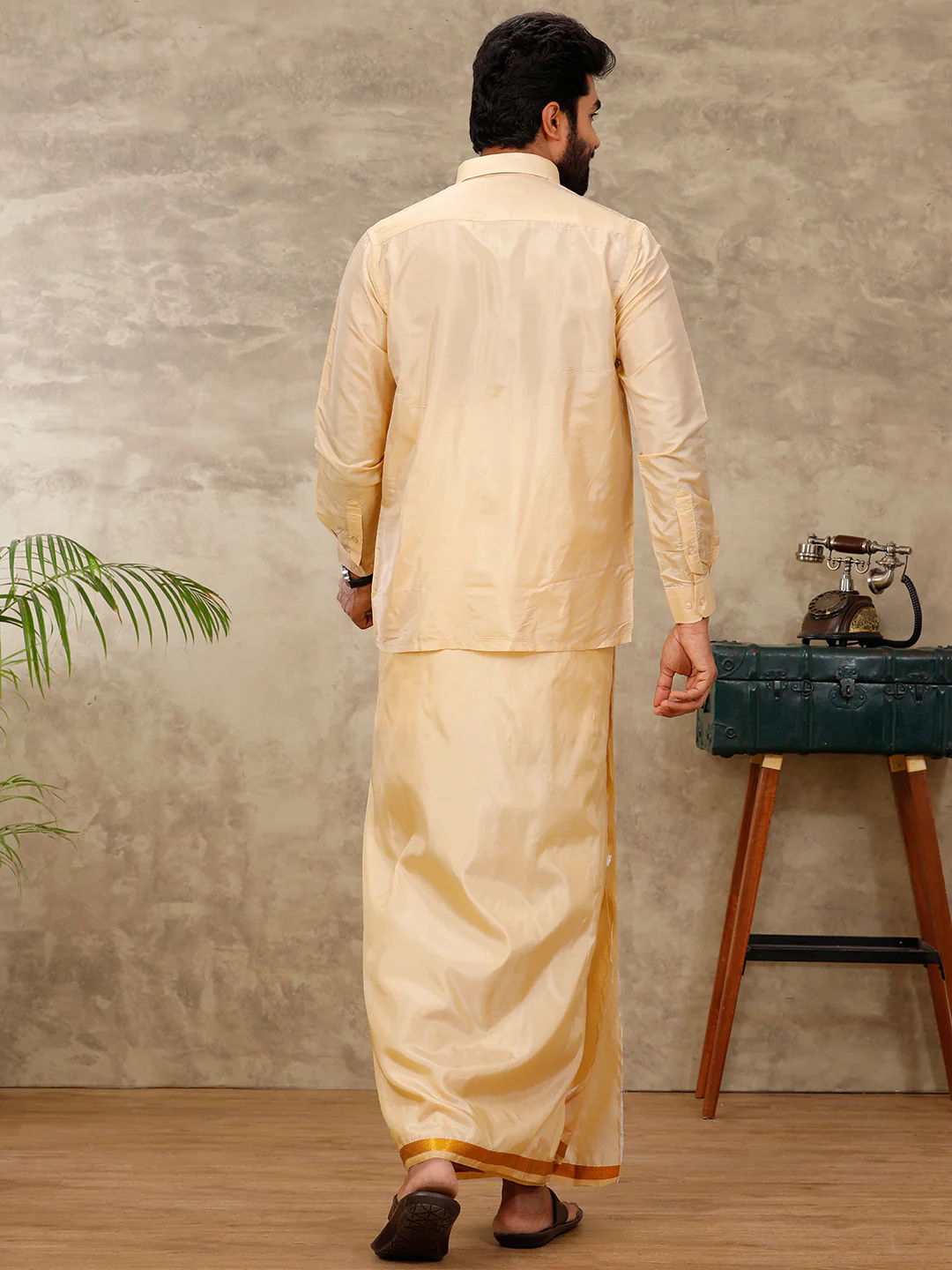 Men Art Silk Peach Shirt Dhoti & Towel Set Swayamvara - Image 4