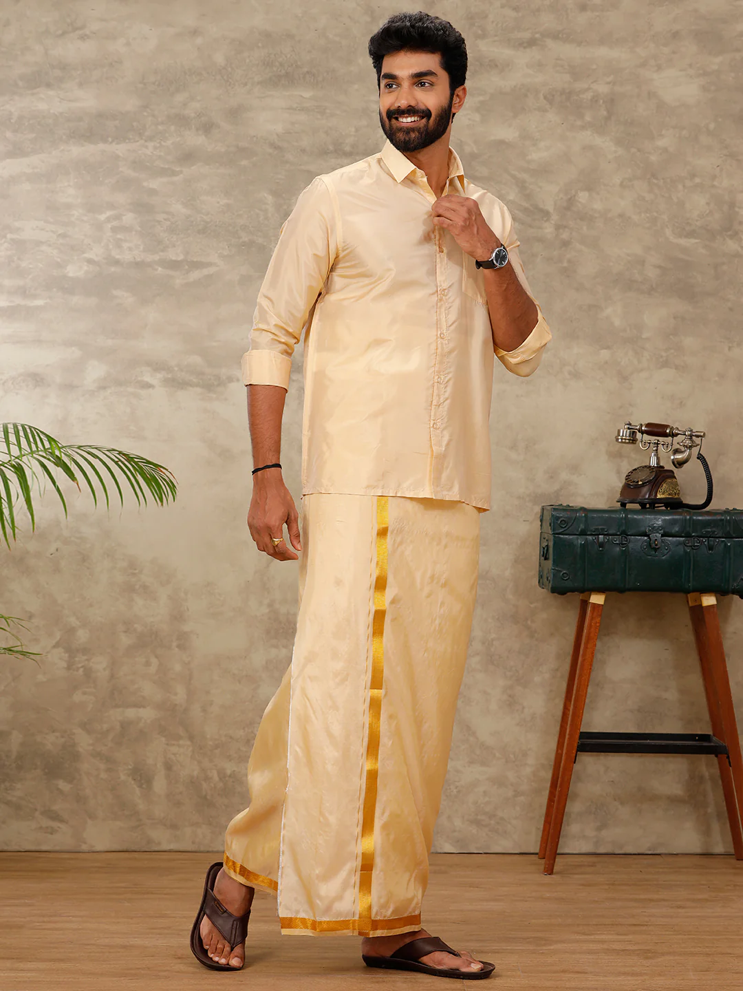 Men Art Silk Peach Shirt Dhoti & Towel Set Swayamvara - Image 5