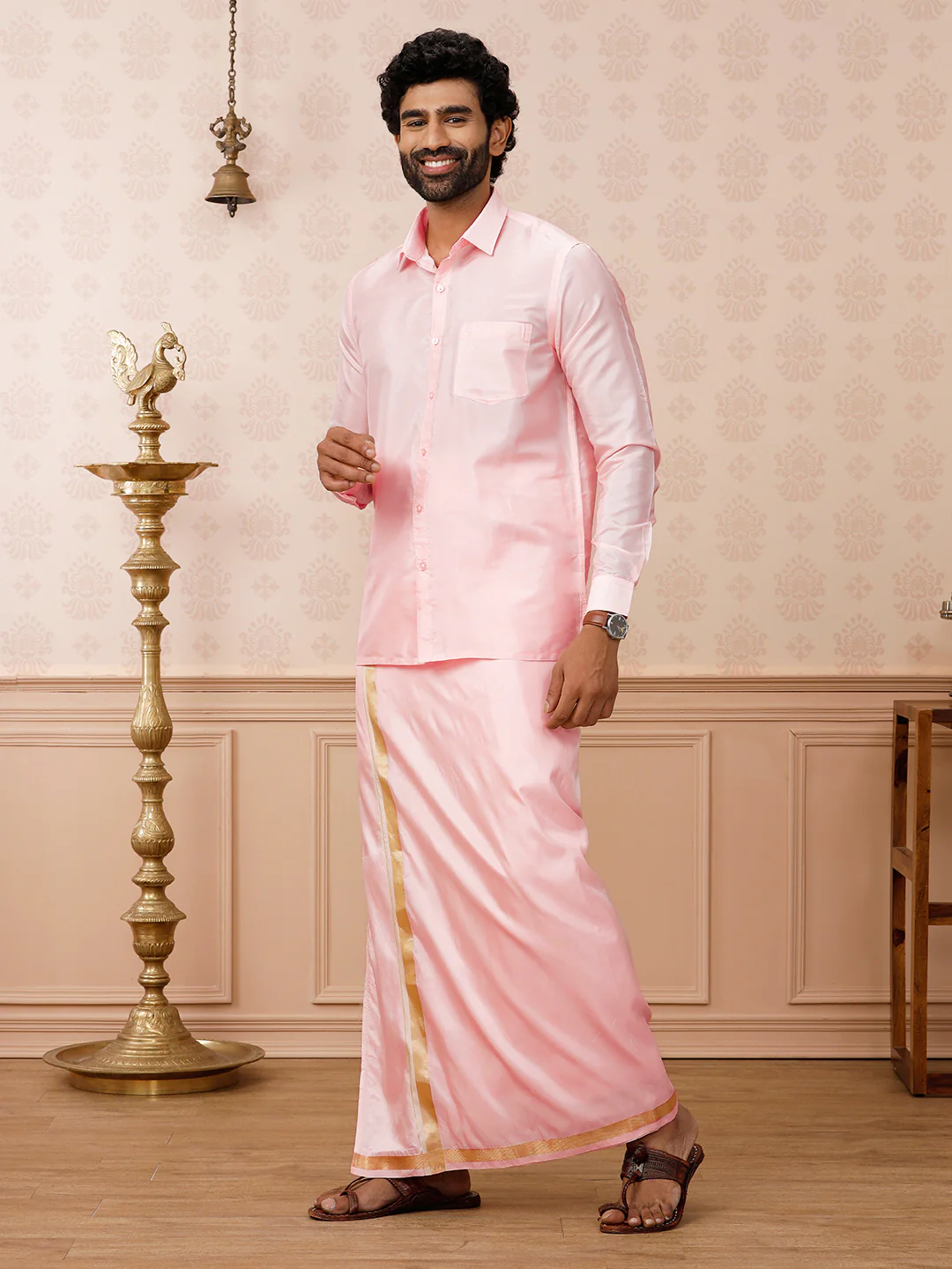 Men Art Silk Petal Pink Shirt & Dhoti Set Swayamvara - Image 2