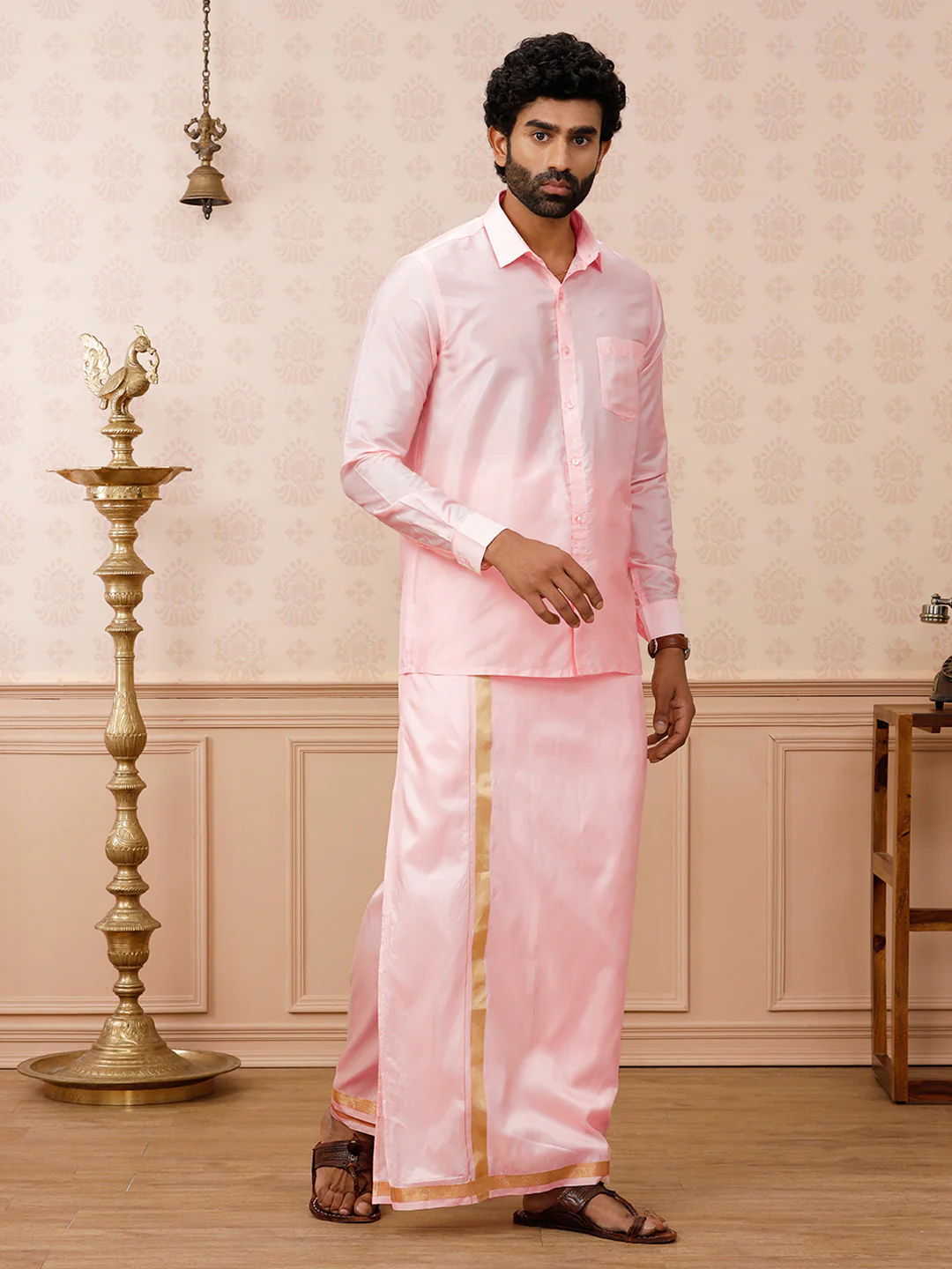 Men Art Silk Petal Pink Shirt & Dhoti Set Swayamvara - Image 4