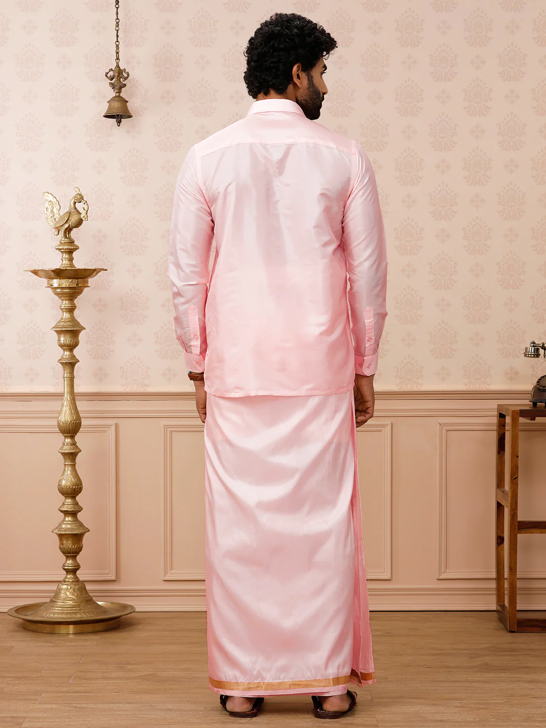 Men Art Silk Petal Pink Shirt & Dhoti Set Swayamvara - Image 5