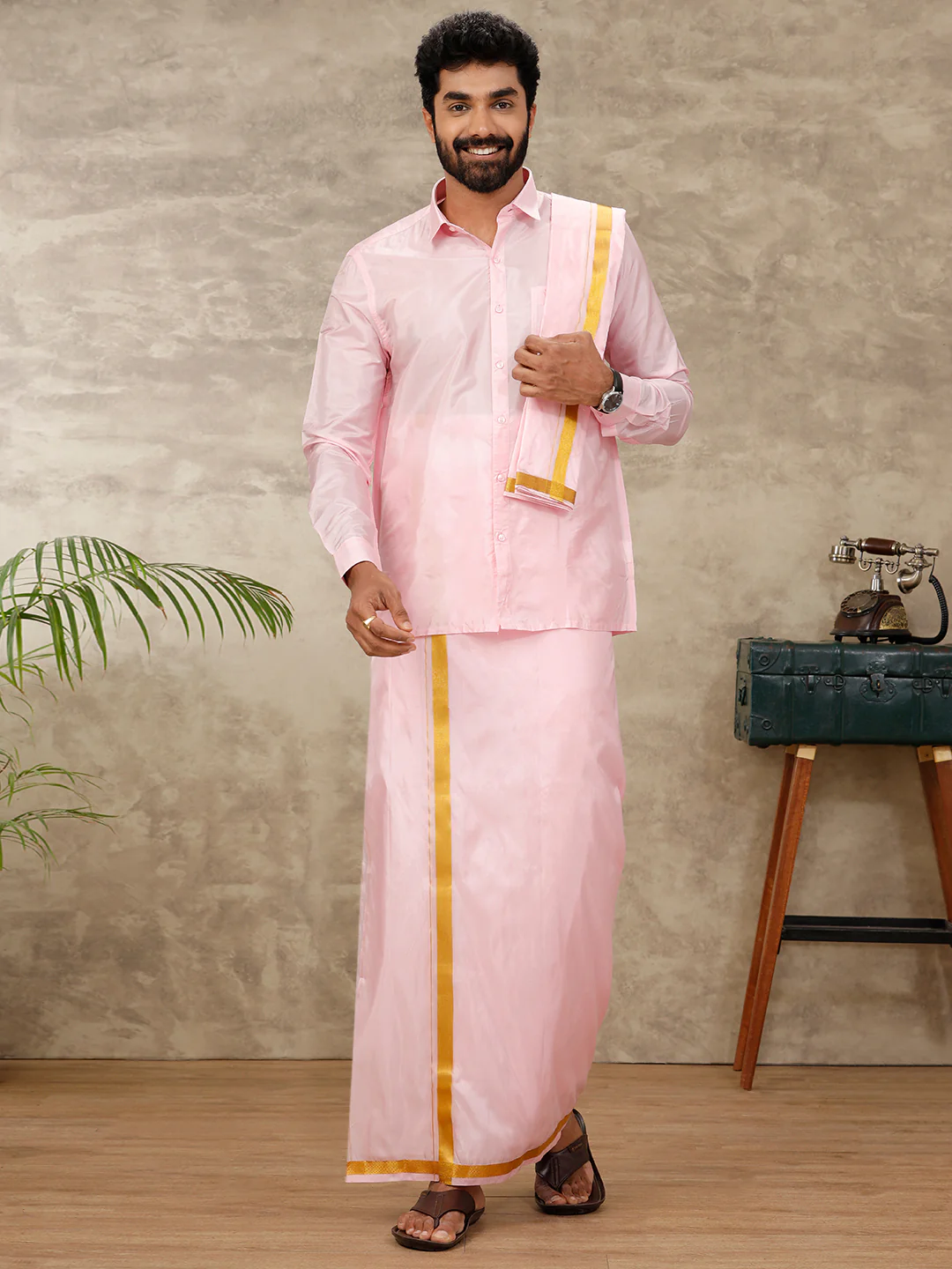 Men Art Silk Pink Shirt & Dhoti Towel Set Swayamvara - Image 3