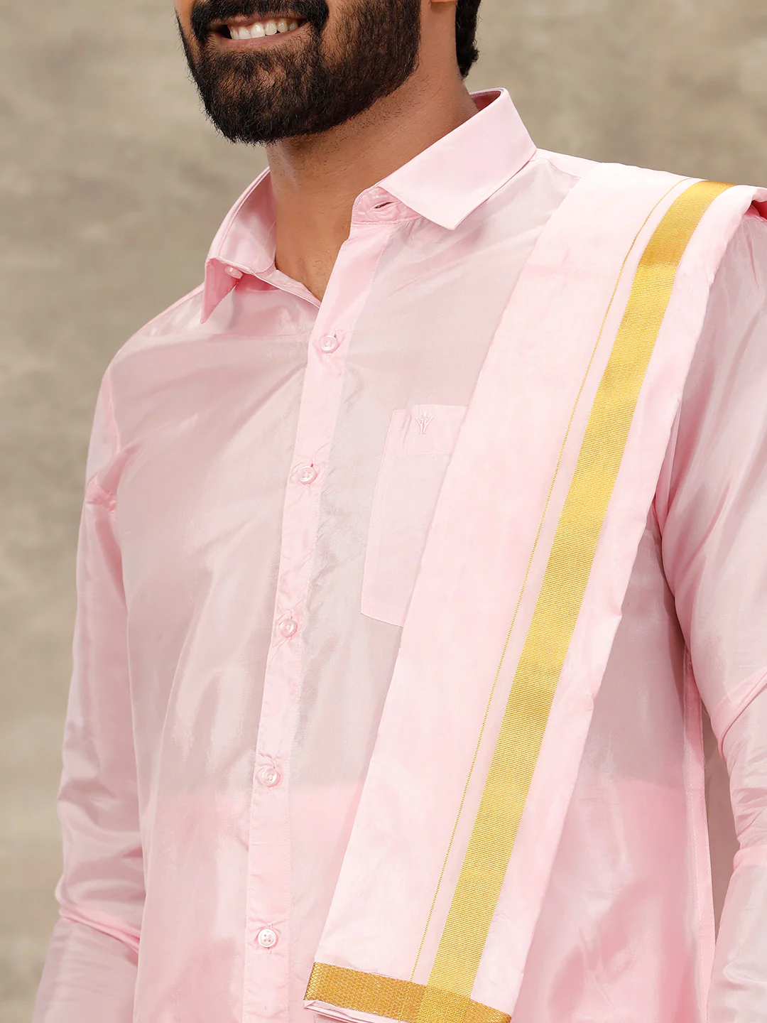 Men Art Silk Pink Shirt & Dhoti Towel Set Swayamvara - Image 4