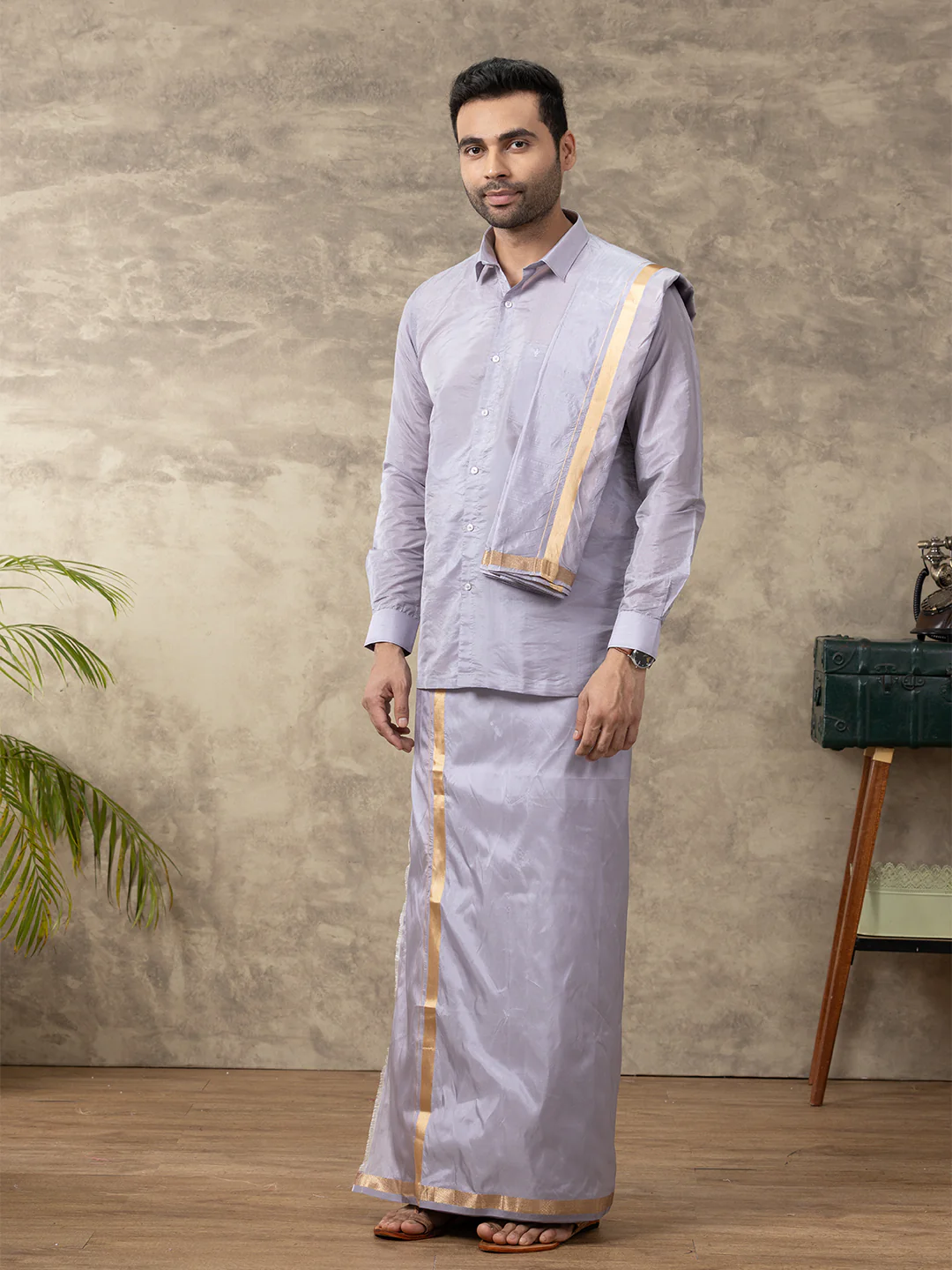 Men Art Silk Polar Violet Shirt & Dhoti Towel Set Swayamvara - Image 2