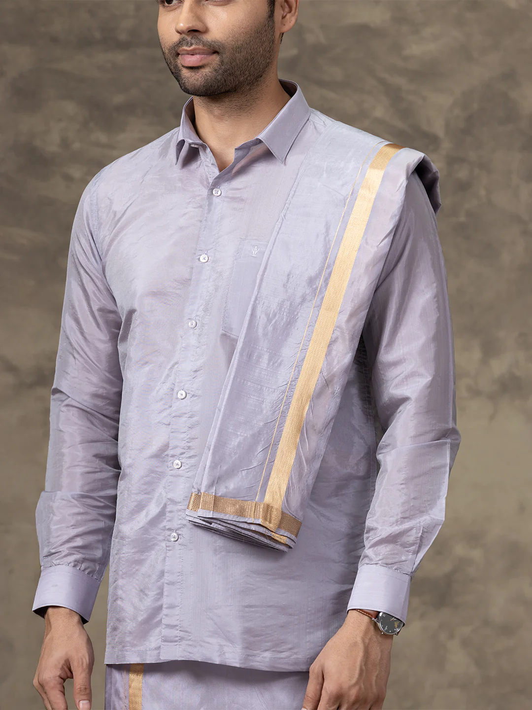 Men Art Silk Polar Violet Shirt & Dhoti Towel Set Swayamvara - Image 4