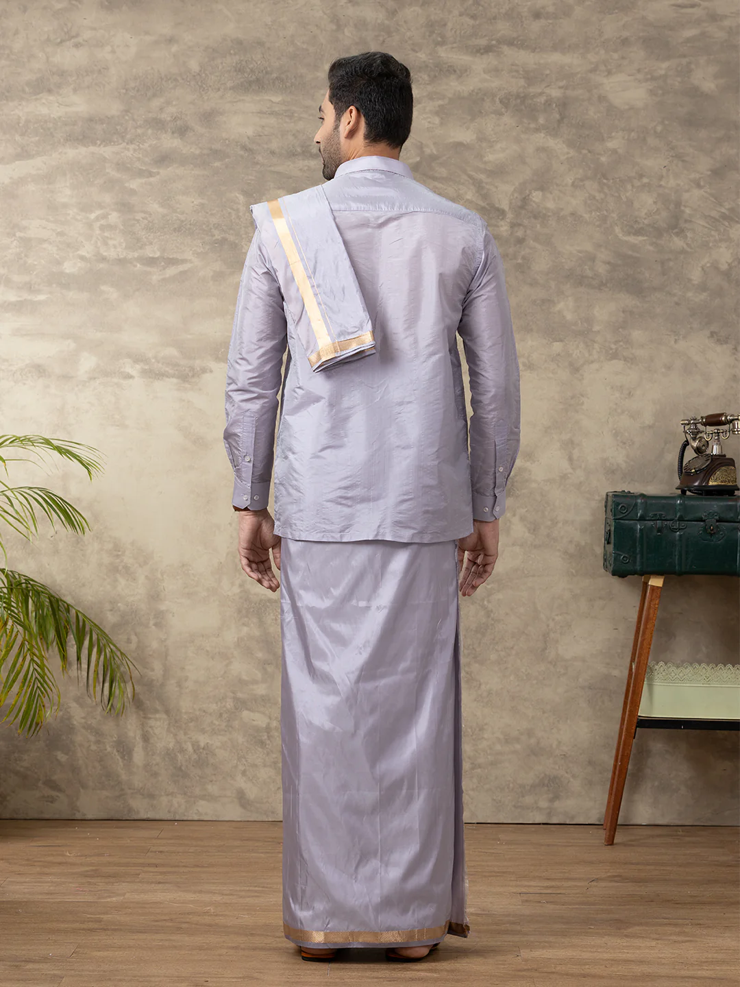 Men Art Silk Polar Violet Shirt & Dhoti Towel Set Swayamvara - Image 5