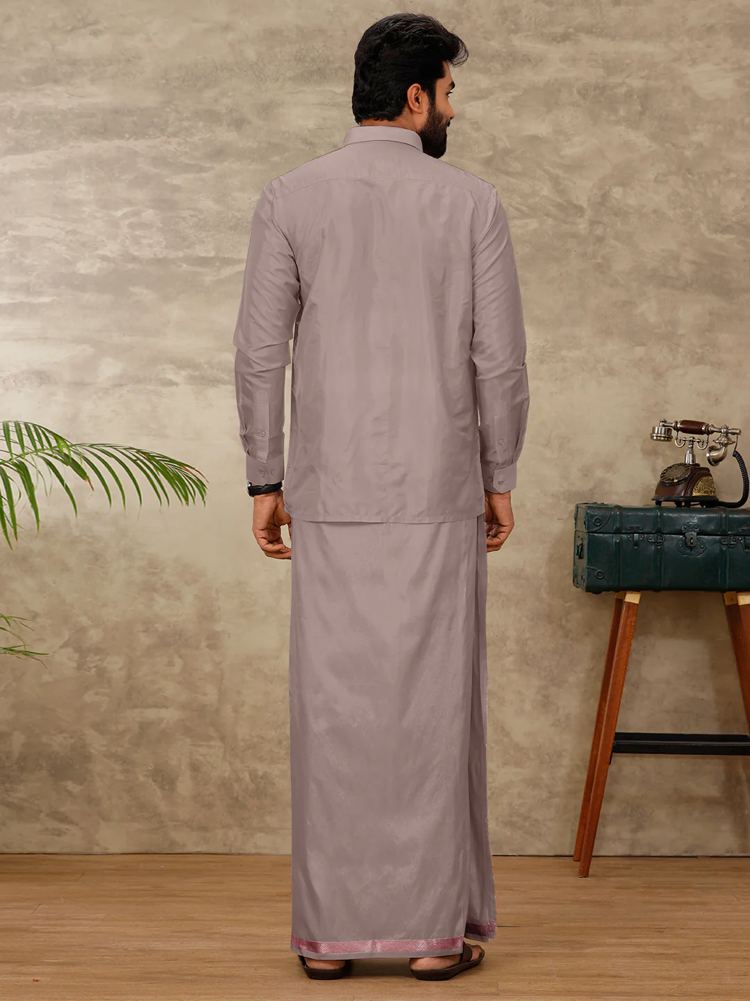 Men Art Silk Sand Stone Shirt & Dhoti Towel Set Swayamvara - Image 3