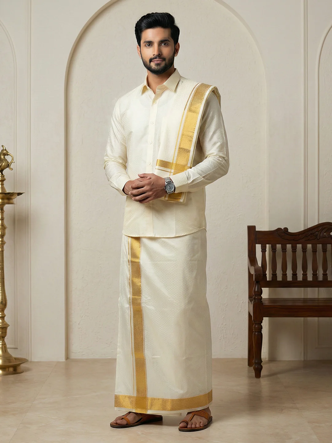 Men Art Silk Self Design Shirt with Readymade Dhoti & Towel Set Cream CRJD2 - Image 2