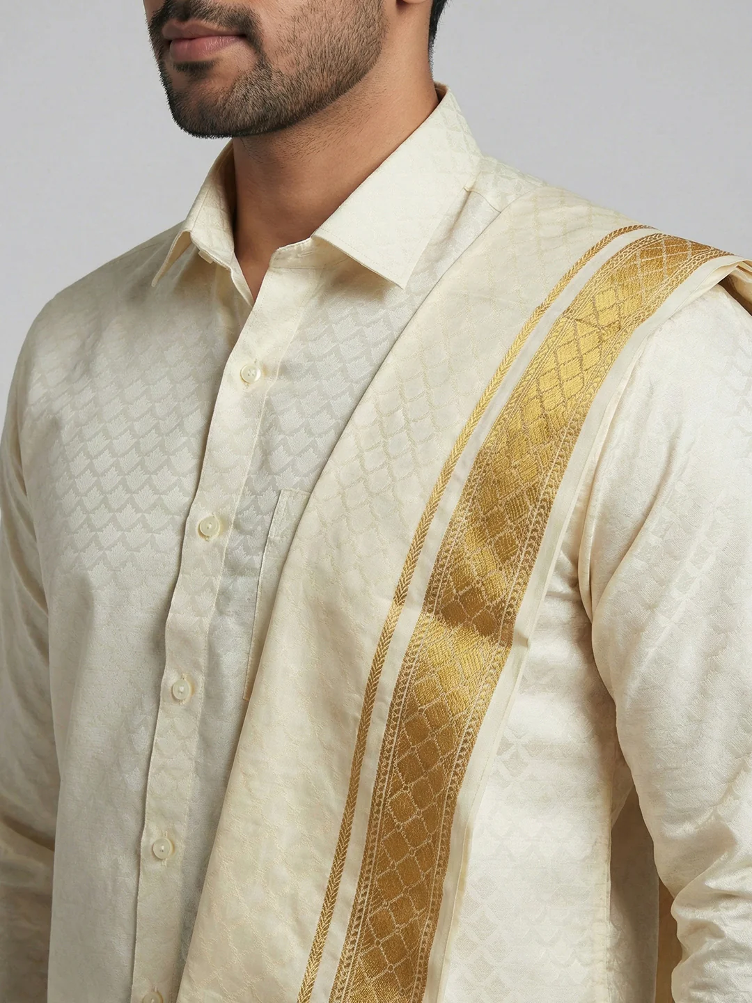 Men Art Silk Self Design Shirt with Readymade Dhoti & Towel Set Cream CRJD2 - Image 3