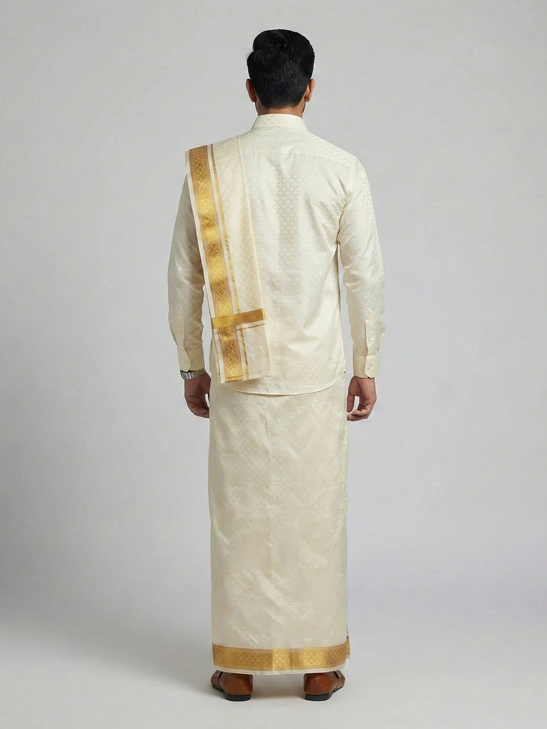 Men Art Silk Self Design Shirt with Readymade Dhoti & Towel Set Cream CRJD2 - Image 5