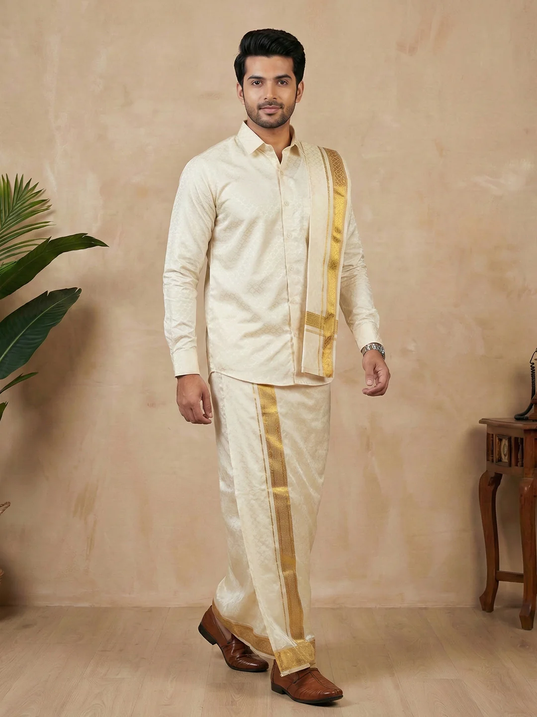 Men Art Silk Self Design Shirt with Readymade Dhoti & Towel Set Cream CRJD3 - Image 2