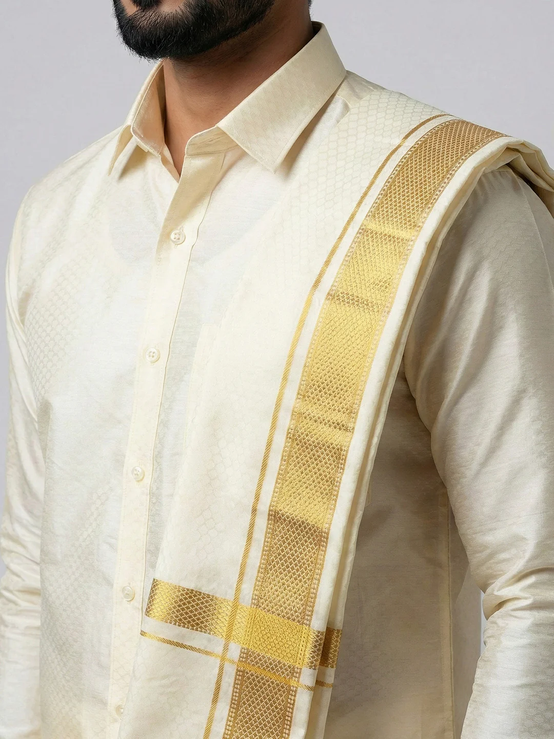 Men Art Silk Self Design Shirt with Readymade Dhoti & Towel Set Cream CRJD3 - Image 3