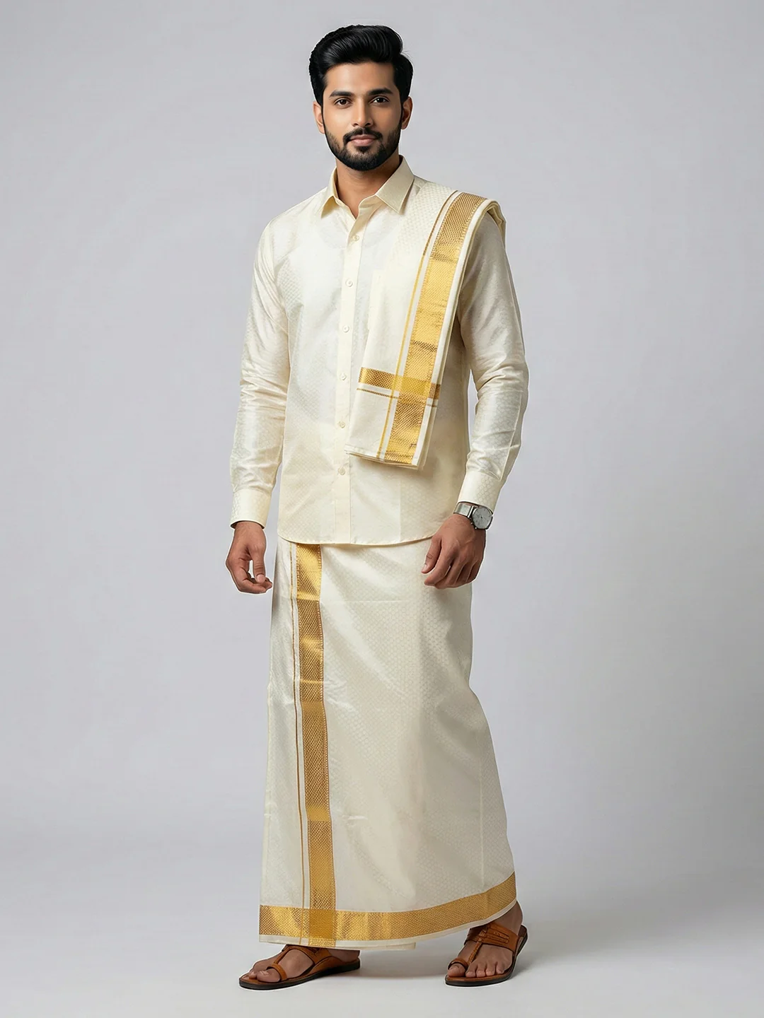 Men Art Silk Self Design Shirt with Readymade Dhoti & Towel Set Cream CRJD3 - Image 6