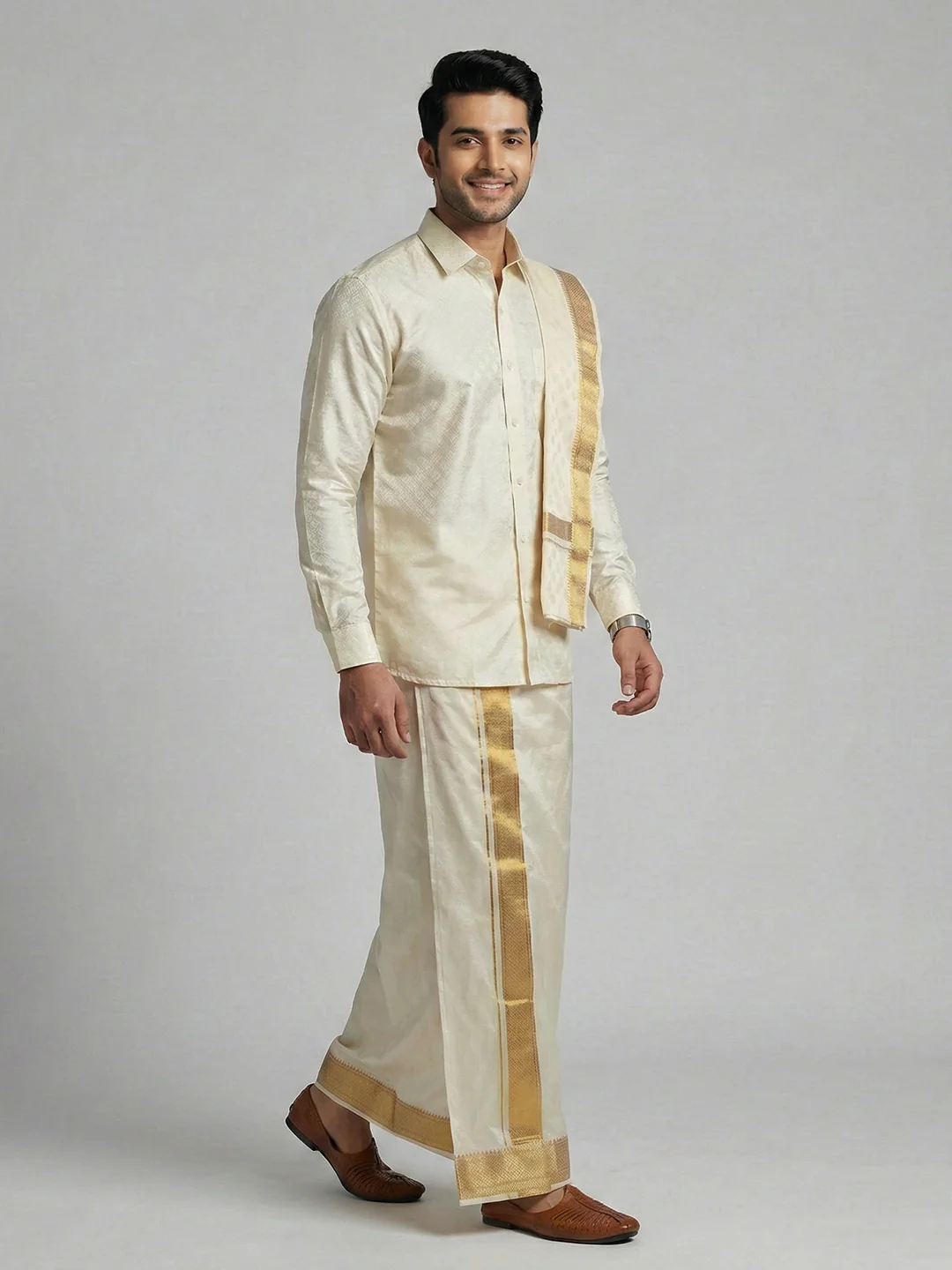 Men Art Silk Self Design Shirt with Readymade Dhoti & Towel Set Cream CRJD4 - Image 2