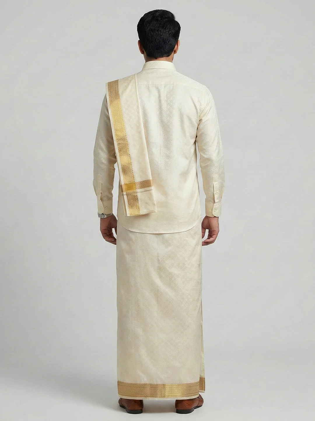 Men Art Silk Self Design Shirt with Readymade Dhoti & Towel Set Cream CRJD4 - Image 5