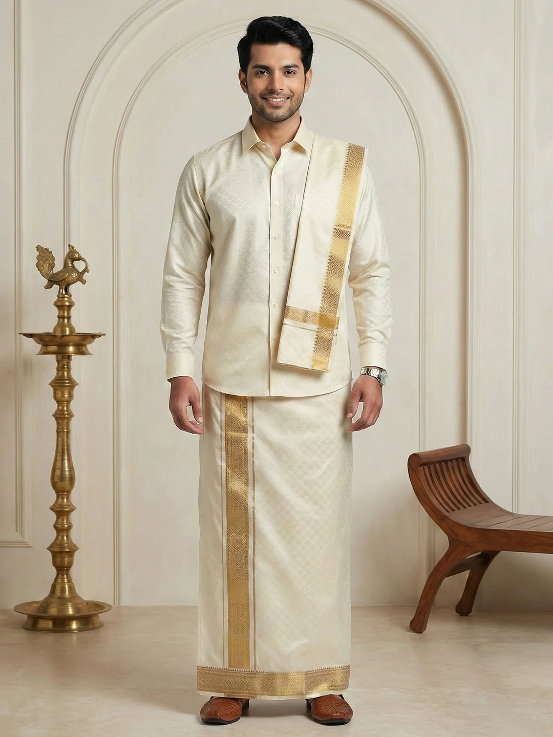 Men Art Silk Self Design Shirt with Readymade Dhoti & Towel Set Cream CRJD4 - Image 6