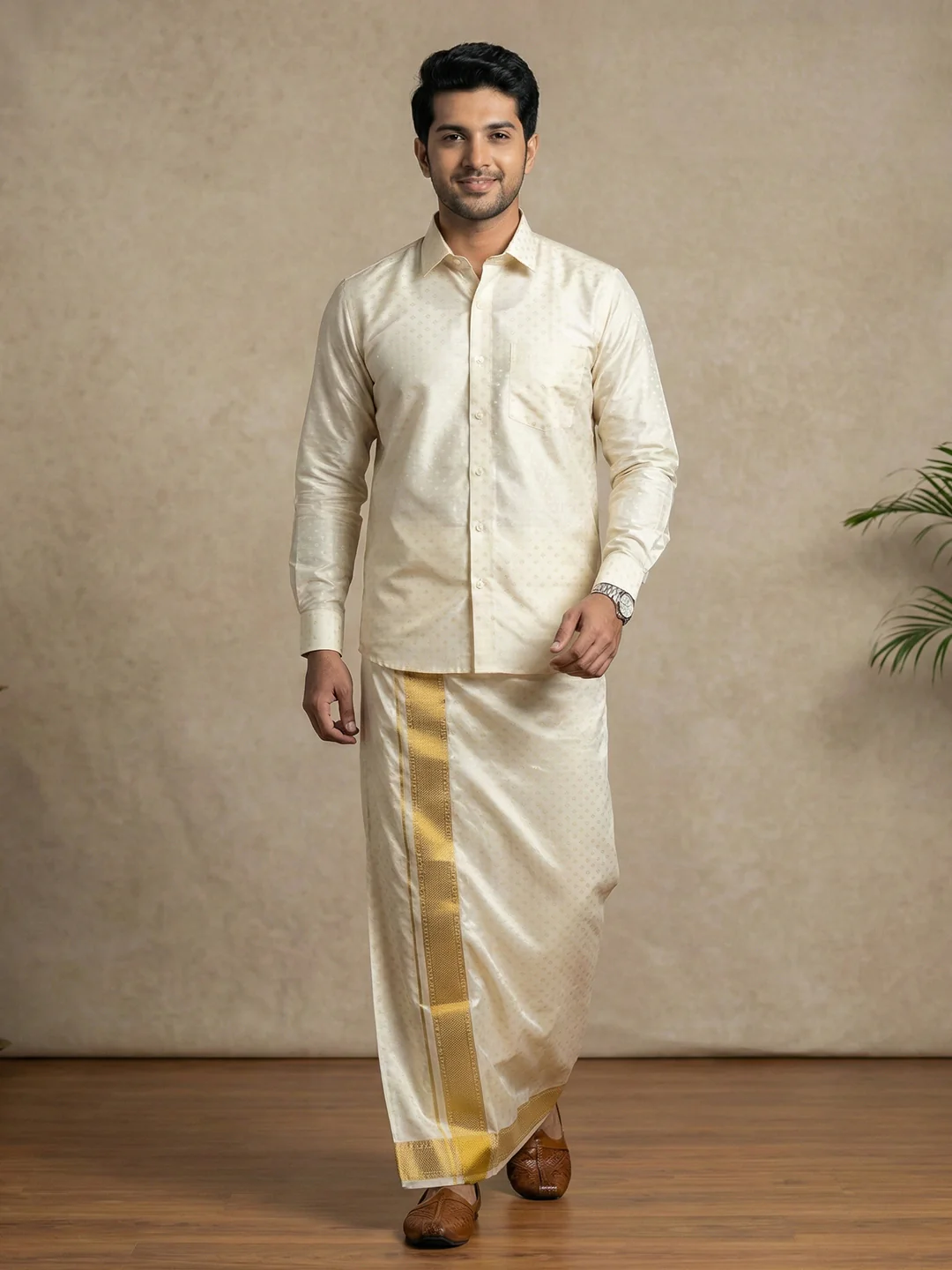 Men Art Silk Self Design Shirt with Readymade Dhoti & Towel Set Cream CRJD5 - Image 2