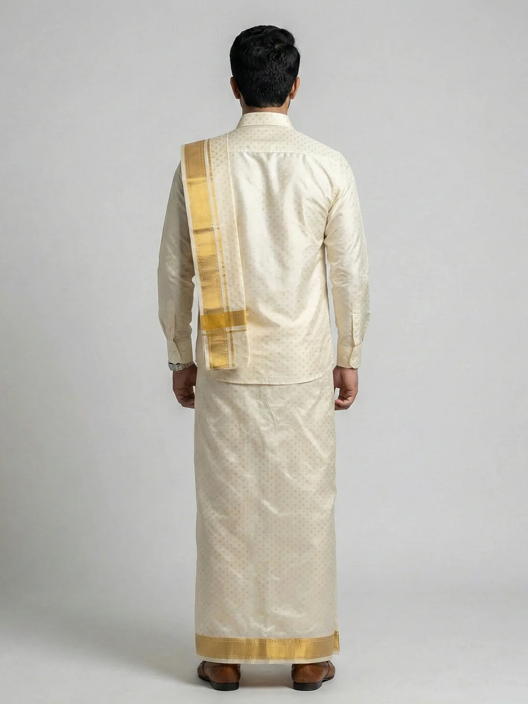 Men Art Silk Self Design Shirt with Readymade Dhoti & Towel Set Cream CRJD5 - Image 5
