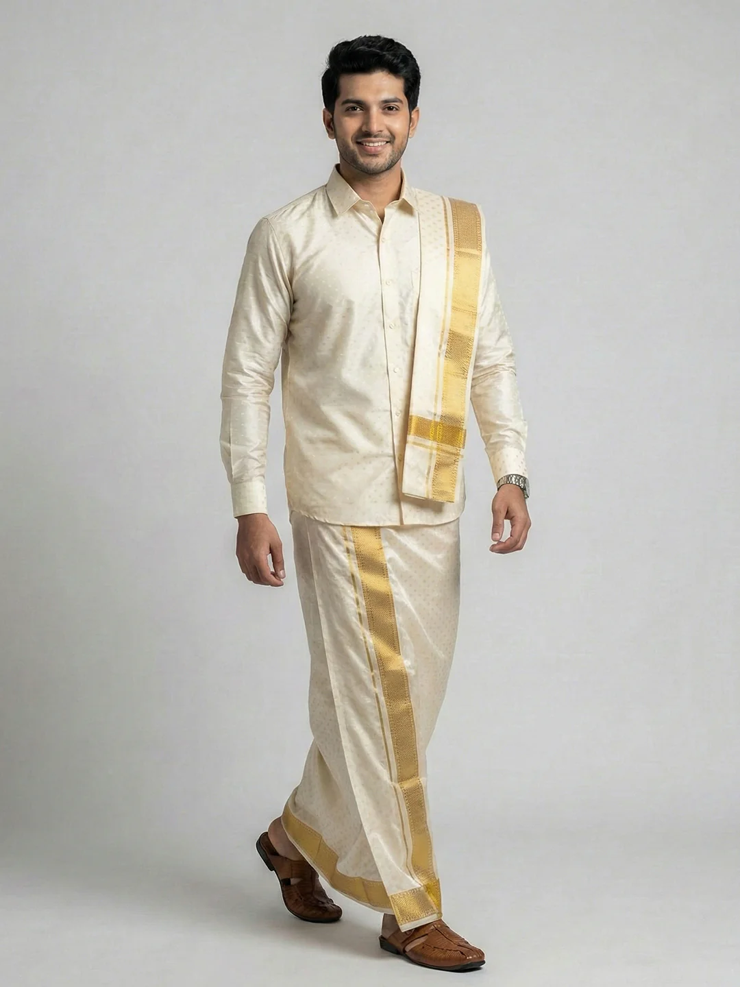 Men Art Silk Self Design Shirt with Readymade Dhoti & Towel Set Cream CRJD5 - Image 6