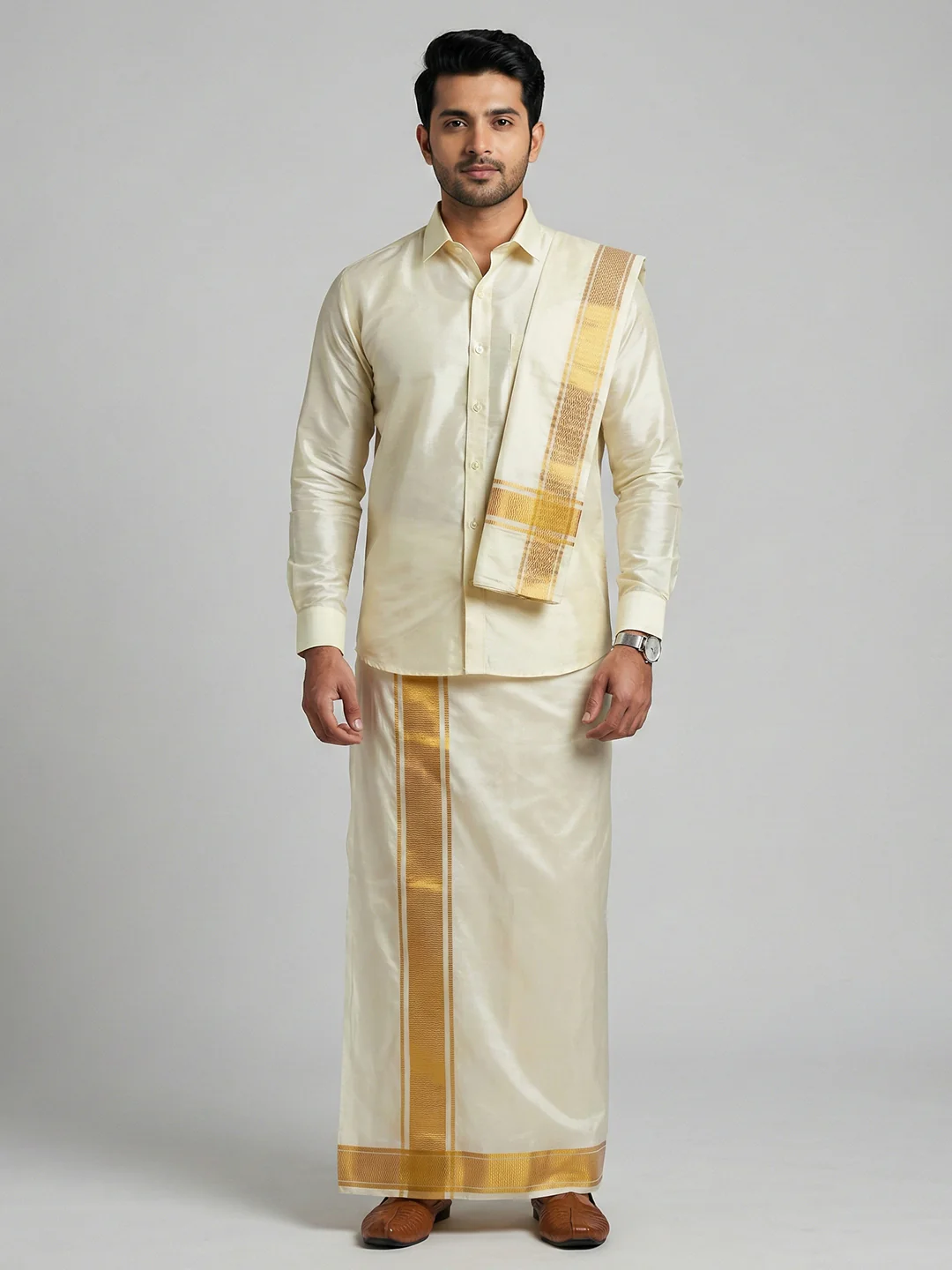 Men Art Silk Shirt & Dhoti Towel Set Butterscotch Bandham BSD1