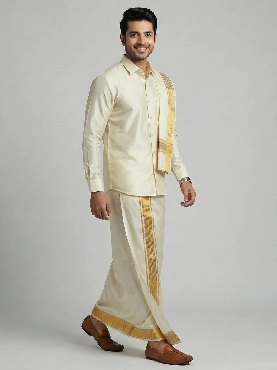 Men Art Silk Shirt & Dhoti Towel Set Butterscotch Bandham BSD1 - Image 2