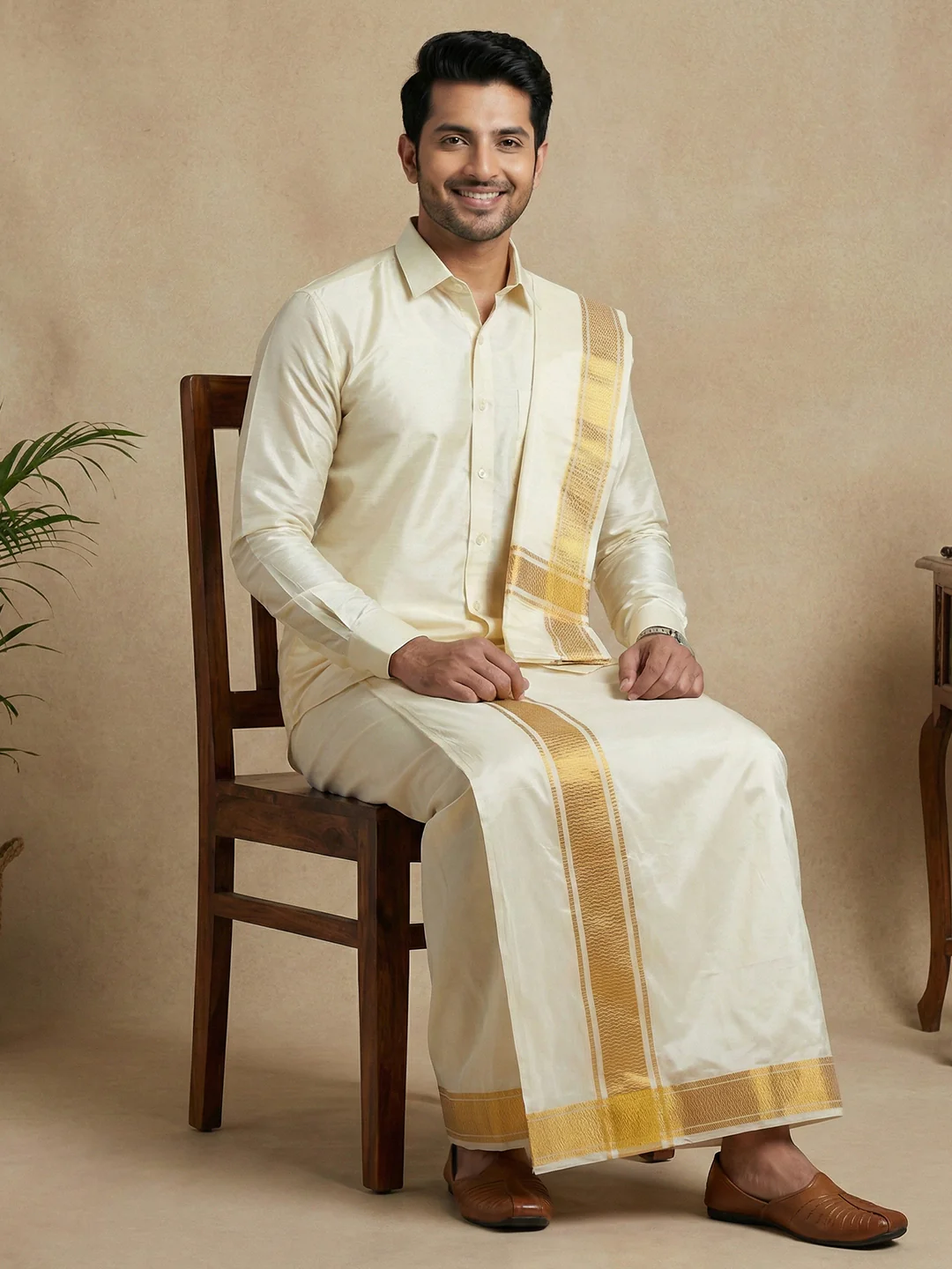 Men Art Silk Shirt & Dhoti Towel Set Butterscotch Bandham BSD1 - Image 6