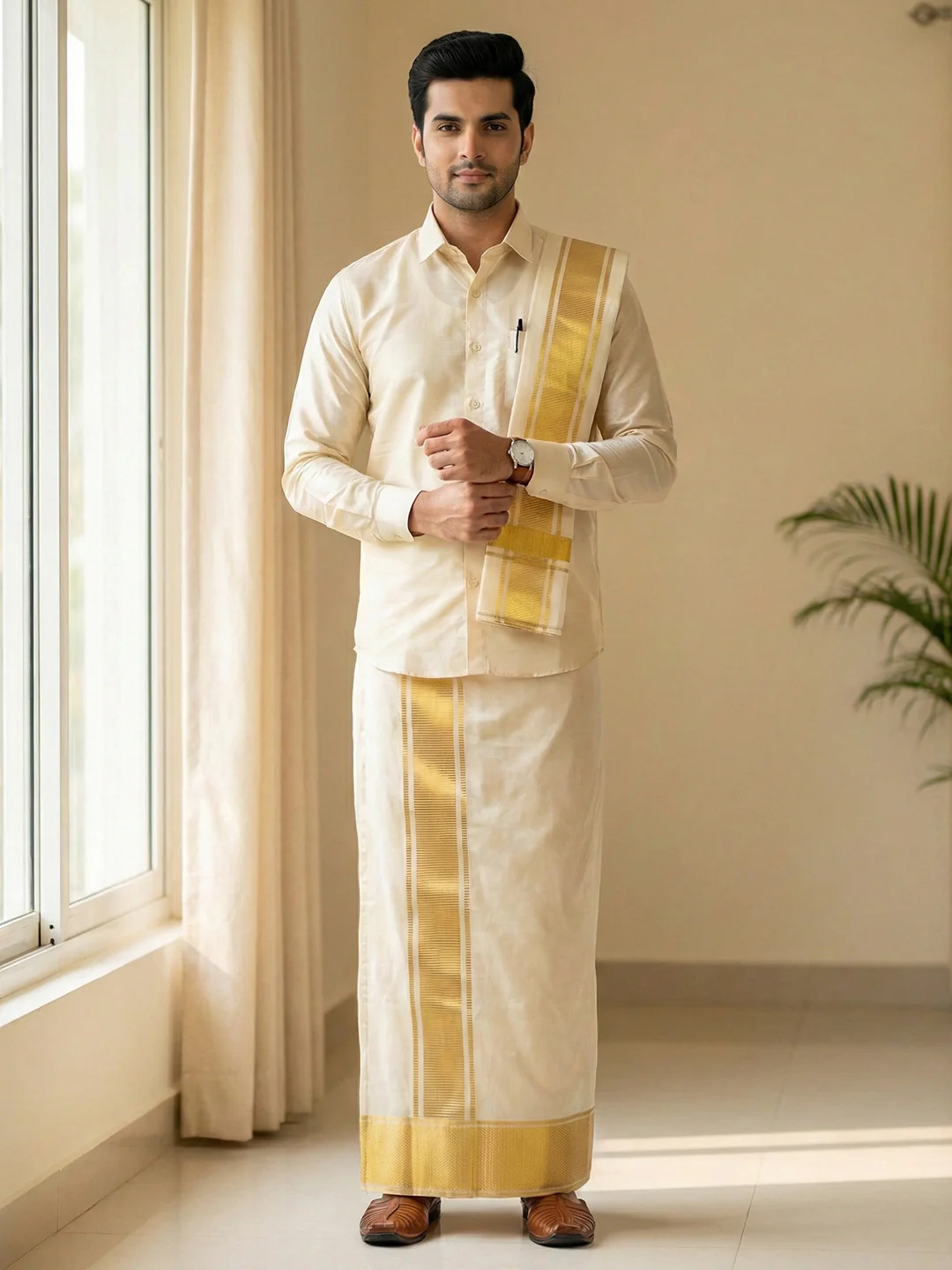 Men Art Silk Shirt & Dhoti Towel Set Dark Gold Bandham DGD1 - Image 2