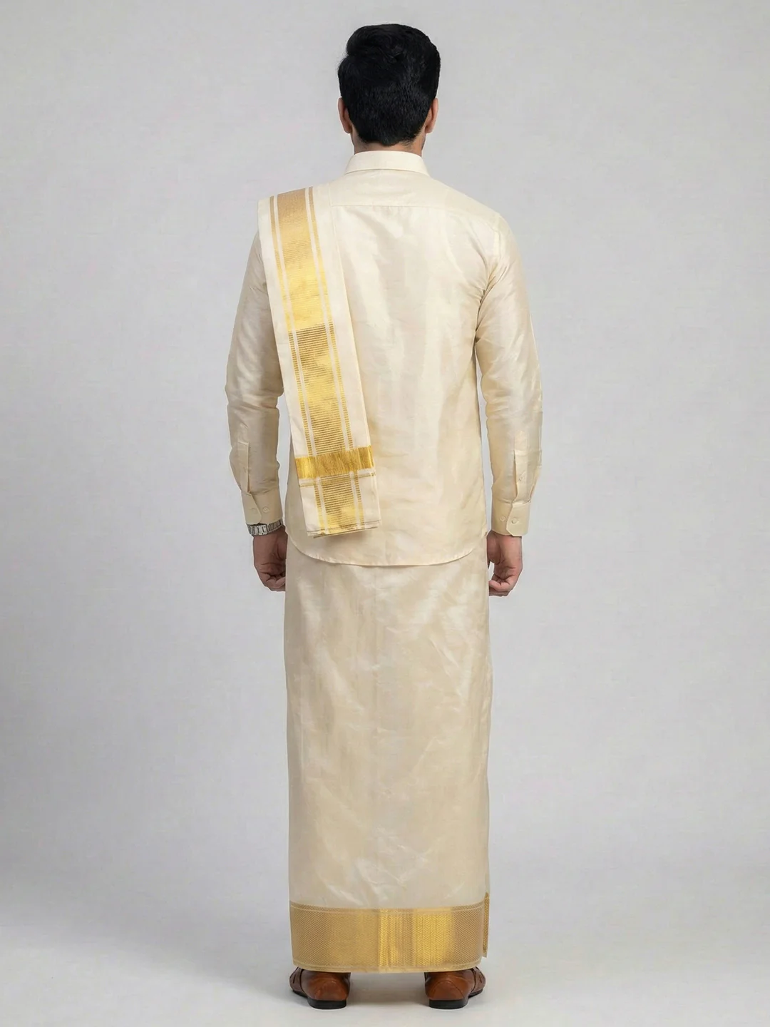 Men Art Silk Shirt & Dhoti Towel Set Dark Gold Bandham DGD1 - Image 4
