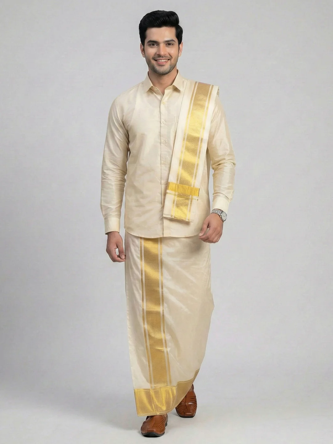 Men Art Silk Shirt & Dhoti Towel Set Dark Gold Bandham DGD1 - Image 6