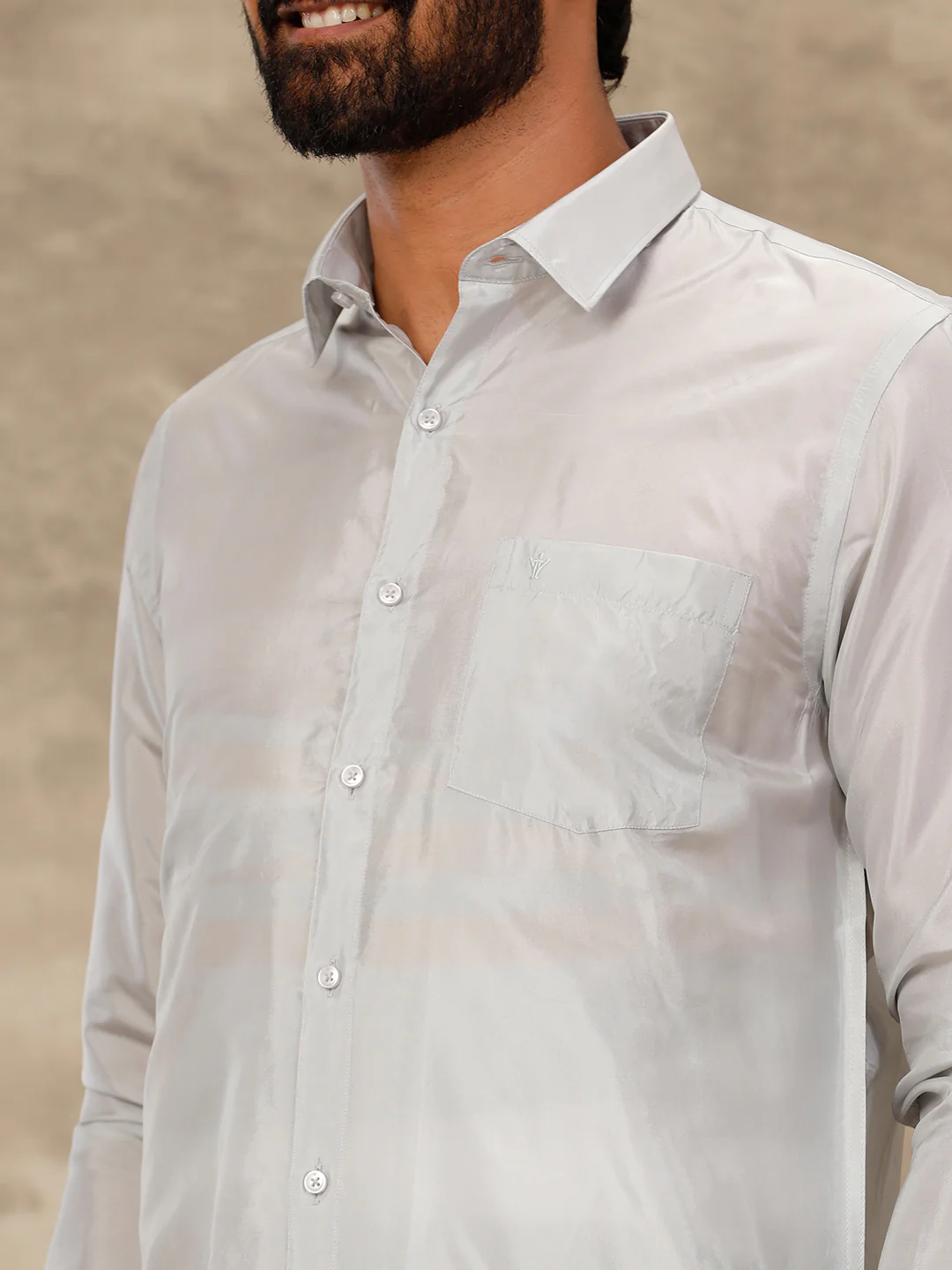 Men Art Silk Silver Grey Shirt & Dhoti Towel Set Swayamvara - Image 3