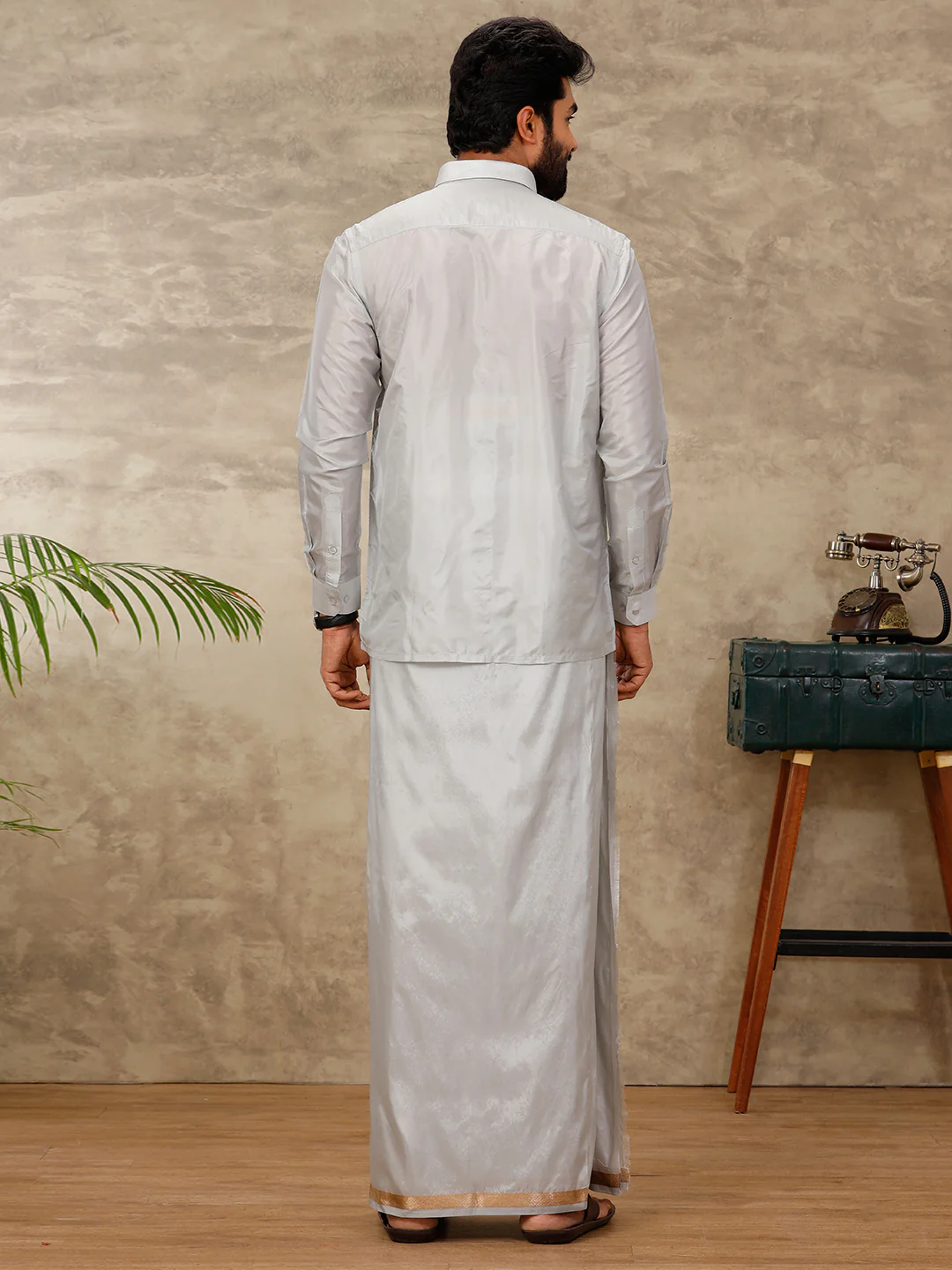 Men Art Silk Silver Grey Shirt & Dhoti Towel Set Swayamvara - Image 5