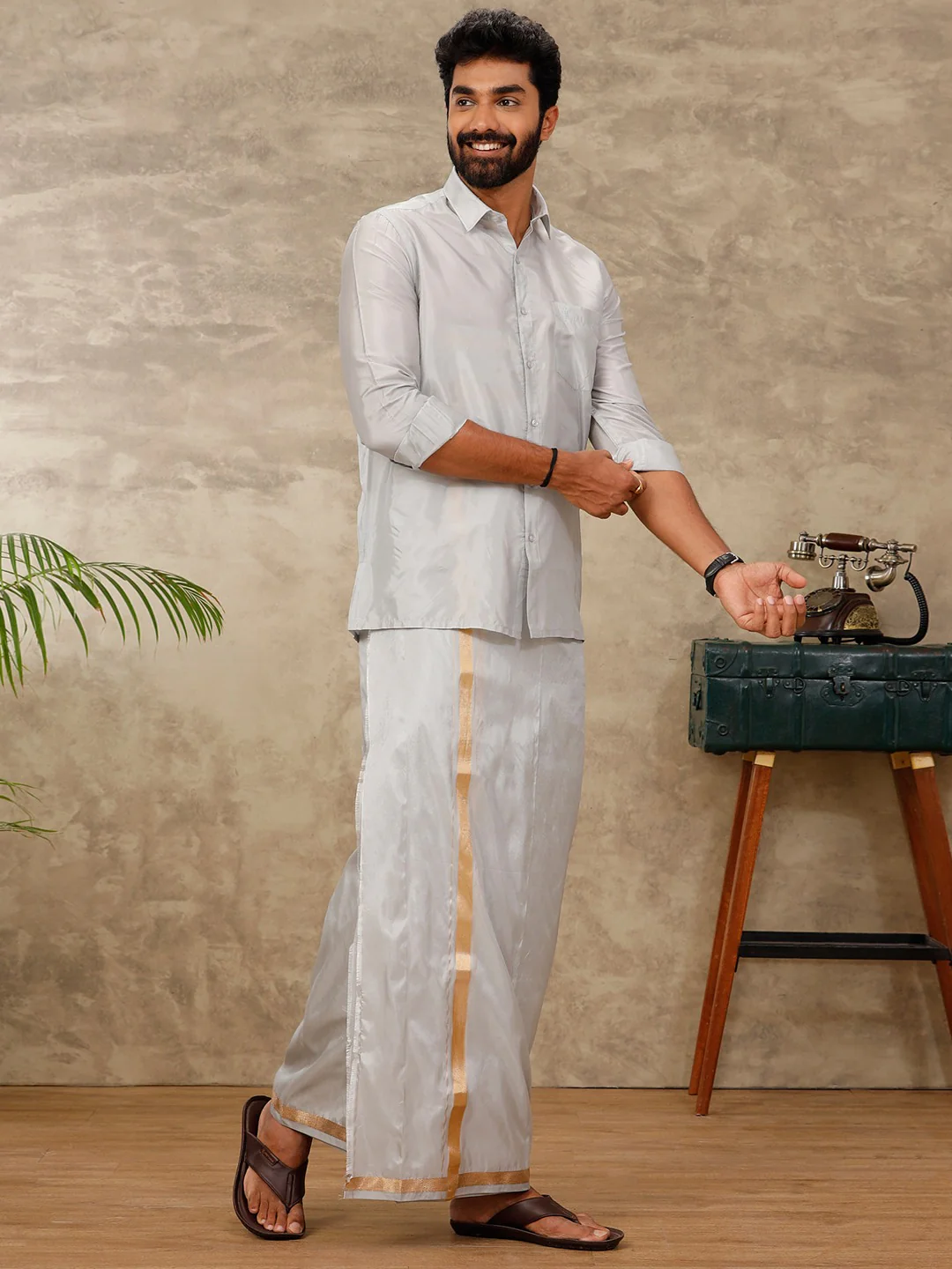 Men Art Silk Silver Grey Shirt & Dhoti Towel Set Swayamvara - Image 6