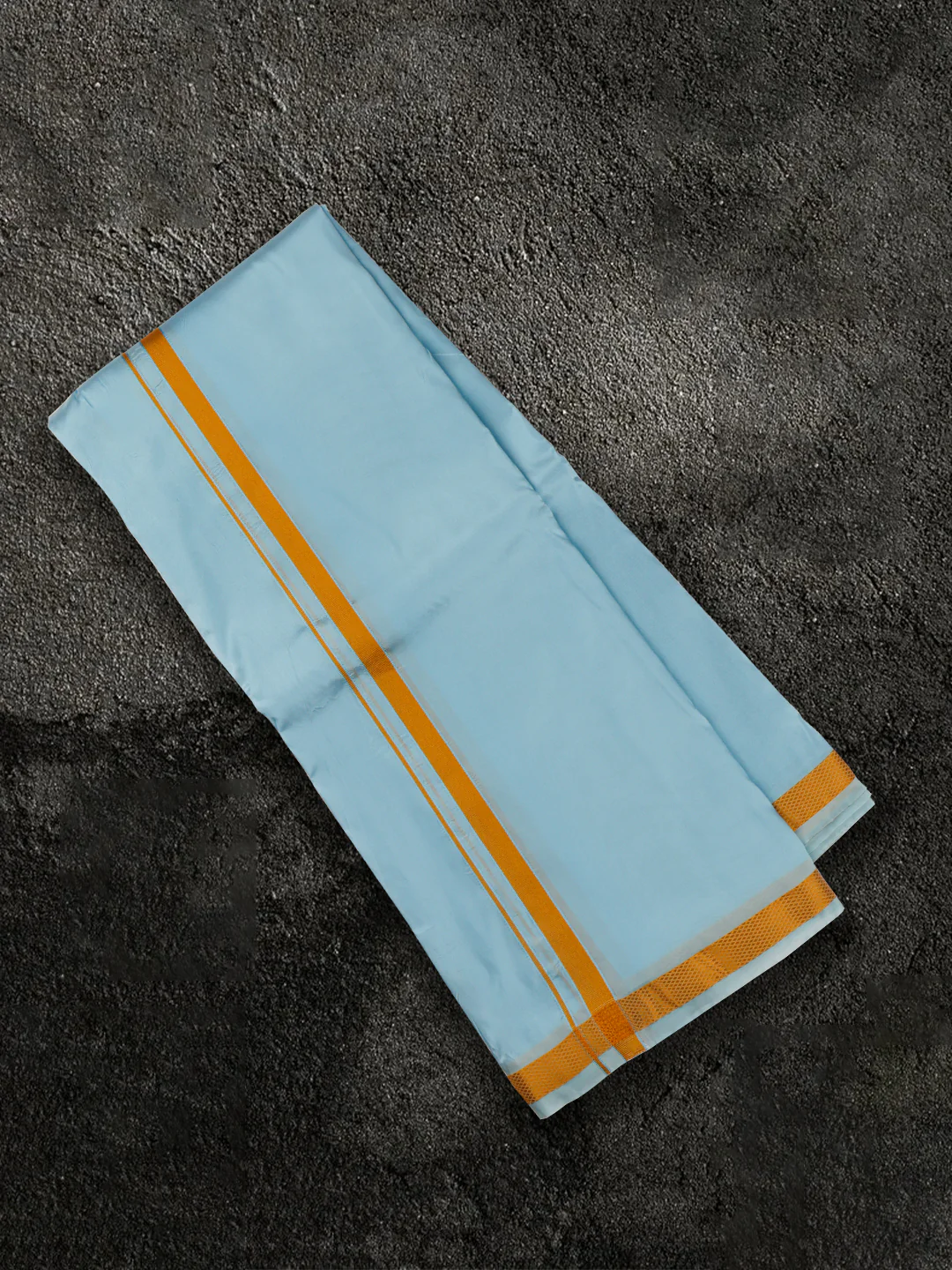 Men Art Silk Sky Blue Shirting & Panchakacham Set with Gold Jari Border 9+5 Ashirwath - Image 3