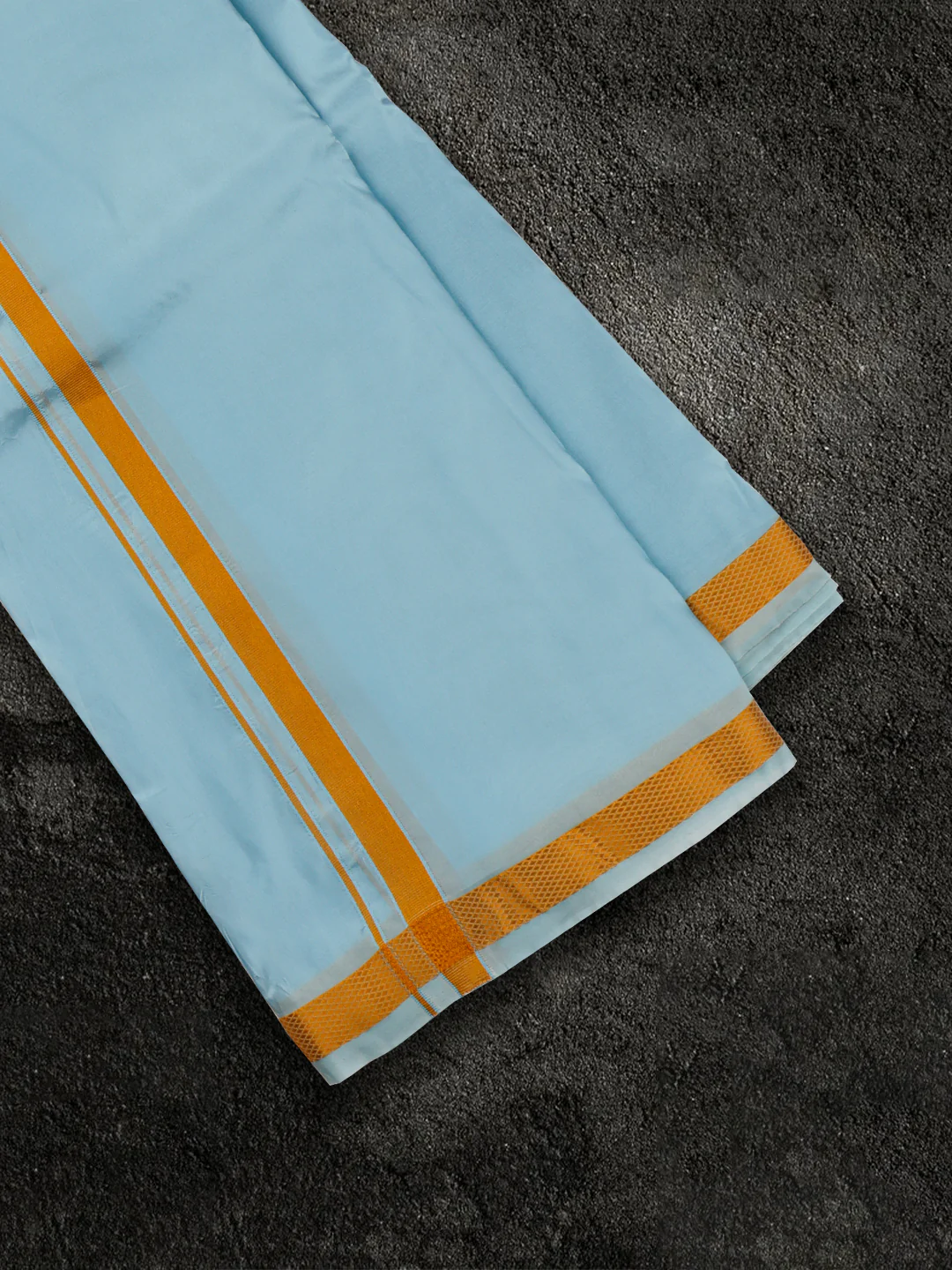 Men Art Silk Sky Blue Shirting & Panchakacham Set with Gold Jari Border 9+5 Ashirwath - Image 5